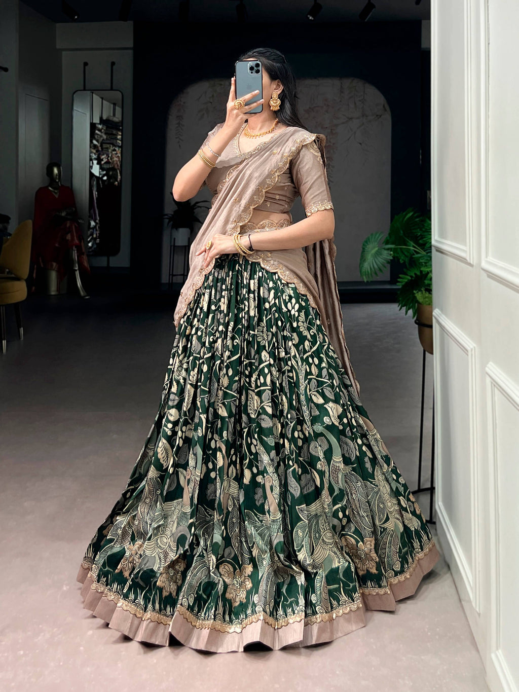 Lorenvalley Fashion Multicolor Tasar Silk Kalamkari Print with Lace Border Lehenga Choli with Dupatta