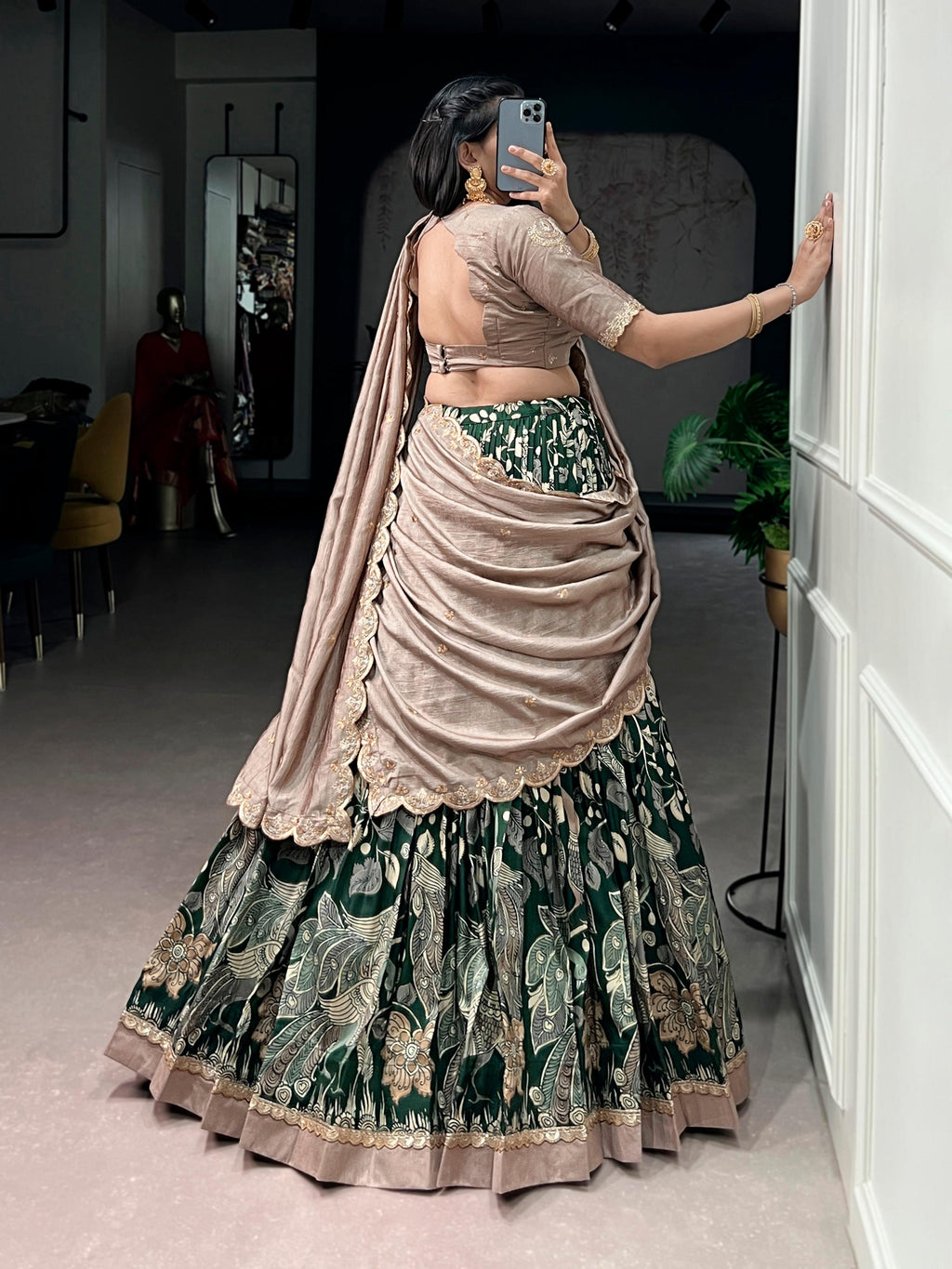Lorenvalley Fashion Multicolor Tasar Silk Kalamkari Print with Lace Border Lehenga Choli with Dupatta