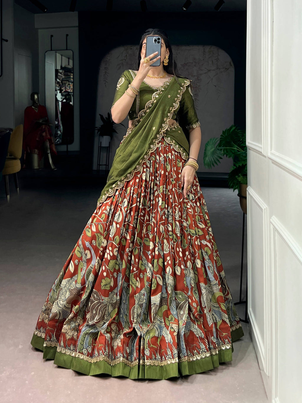 Lorenvalley Fashion Multicolor Tasar Silk Kalamkari Print with Lace Border Lehenga Choli with Dupatta