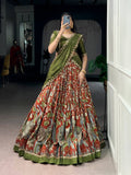 Lorenvalley Fashion Multicolor Tasar Silk Kalamkari Print with Lace Border Lehenga Choli with Dupatta