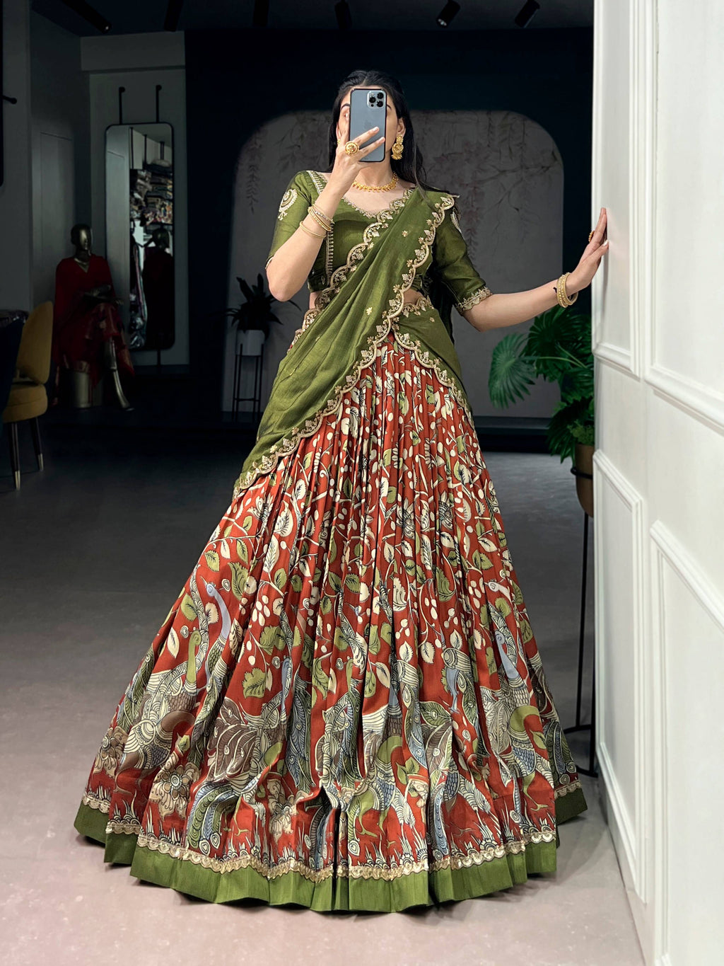 Lorenvalley Fashion Multicolor Tasar Silk Kalamkari Print with Lace Border Lehenga Choli with Dupatta