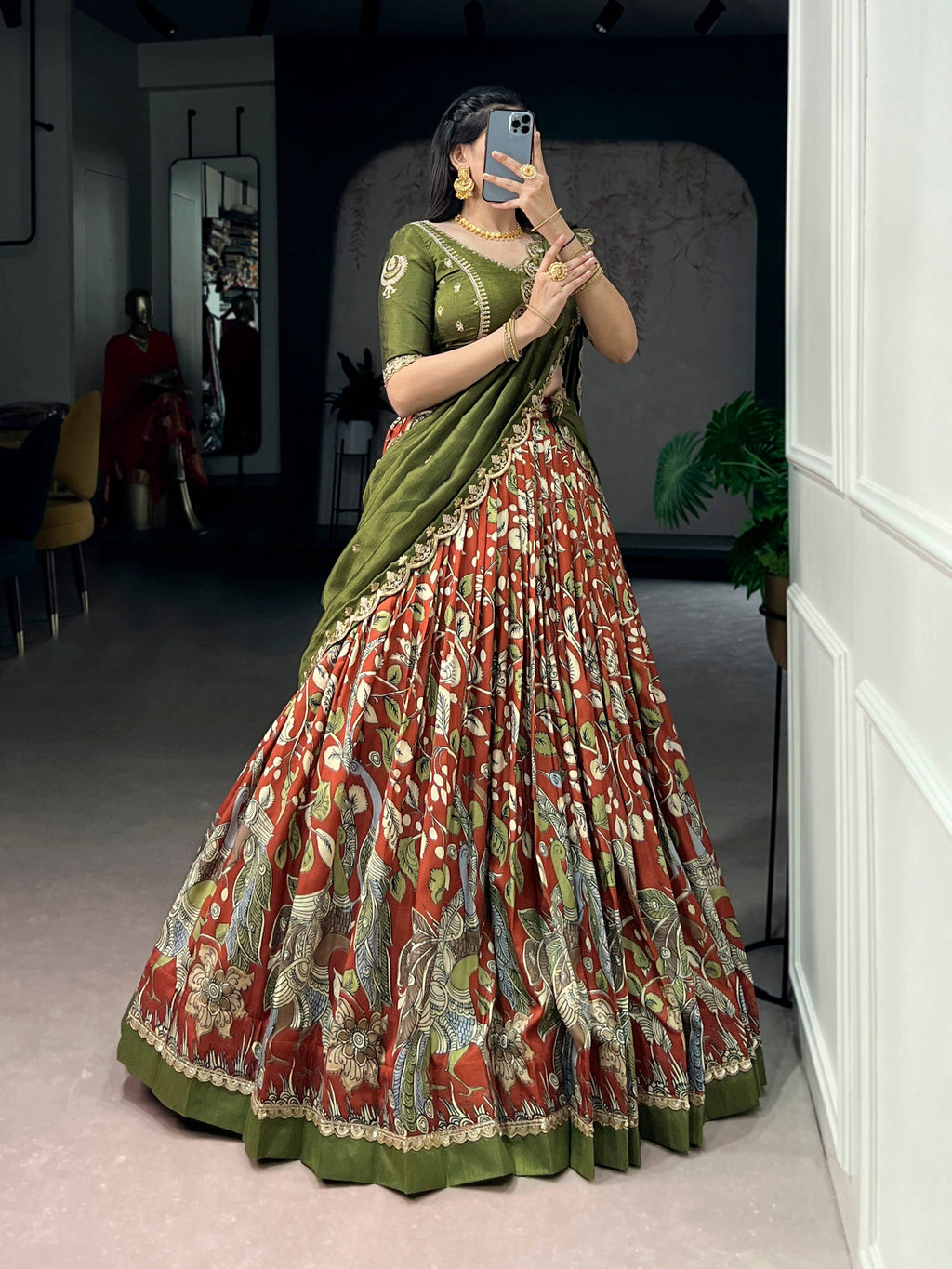 Lorenvalley Fashion Multicolor Tasar Silk Kalamkari Print with Lace Border Lehenga Choli with Dupatta
