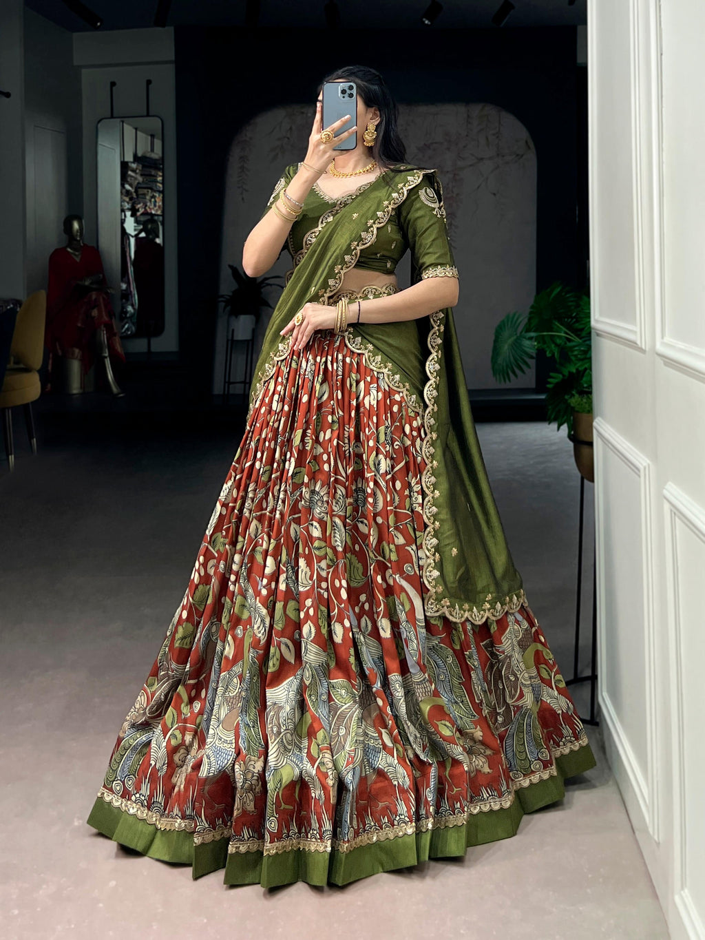 Lorenvalley Fashion Multicolor Tasar Silk Kalamkari Print with Lace Border Lehenga Choli with Dupatta