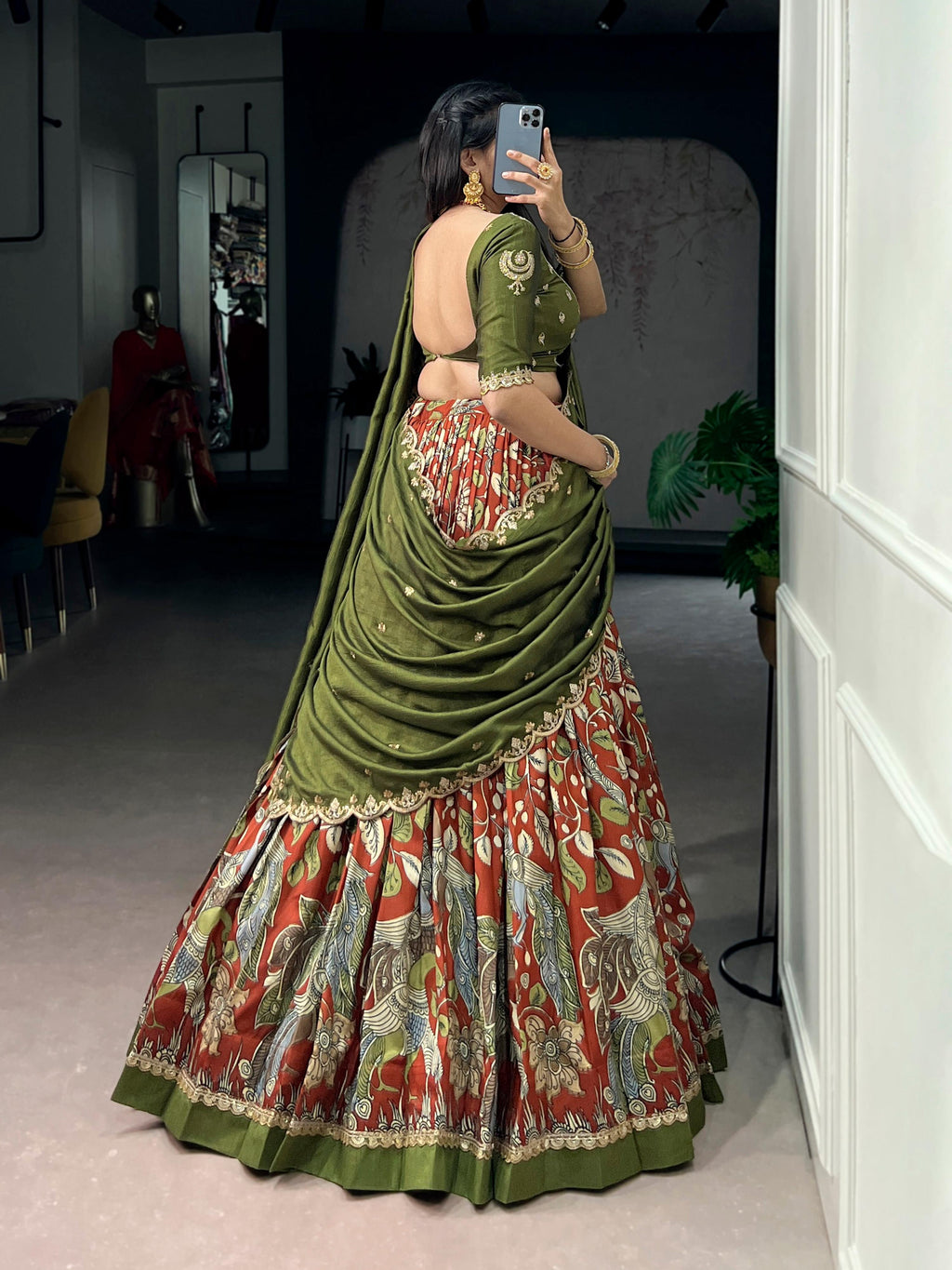 Lorenvalley Fashion Multicolor Tasar Silk Kalamkari Print with Lace Border Lehenga Choli with Dupatta
