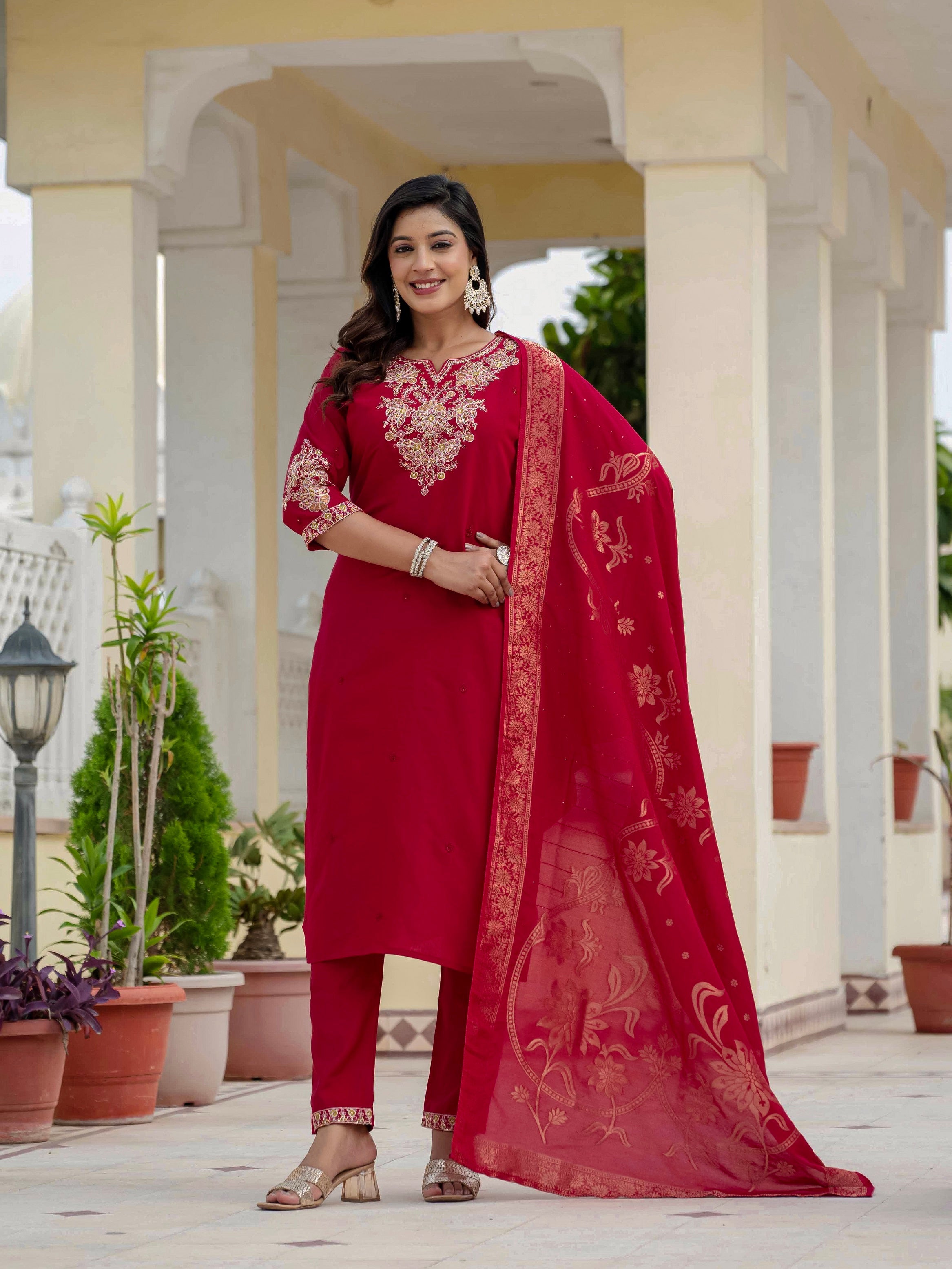 Vedant Vastram Roman Silk Embroidery & Sequence Work Stitched Kurta Pant Dupatta Set-Maroon