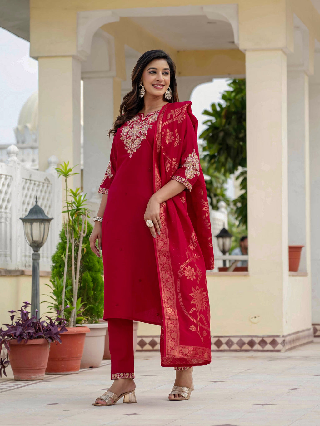 Vedant Vastram Roman Silk Embroidery & Sequence Work Stitched Kurta Pant Dupatta Set-Maroon