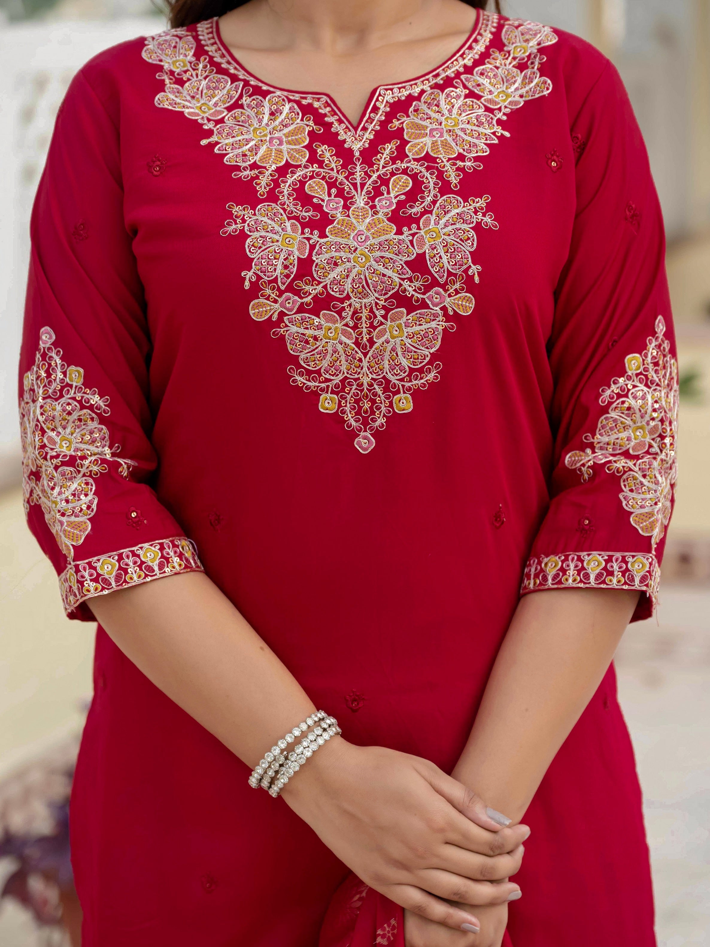Vedant Vastram Roman Silk Embroidery & Sequence Work Stitched Kurta Pant Dupatta Set-Maroon