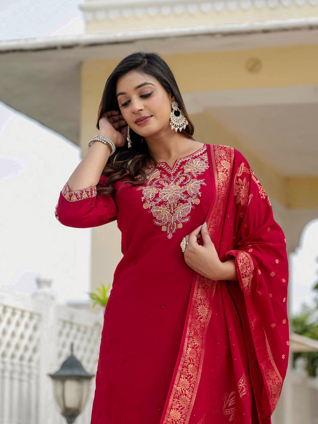 Vedant Vastram Roman Silk Embroidery & Sequence Work Stitched Kurta Pant Dupatta Set-Maroon