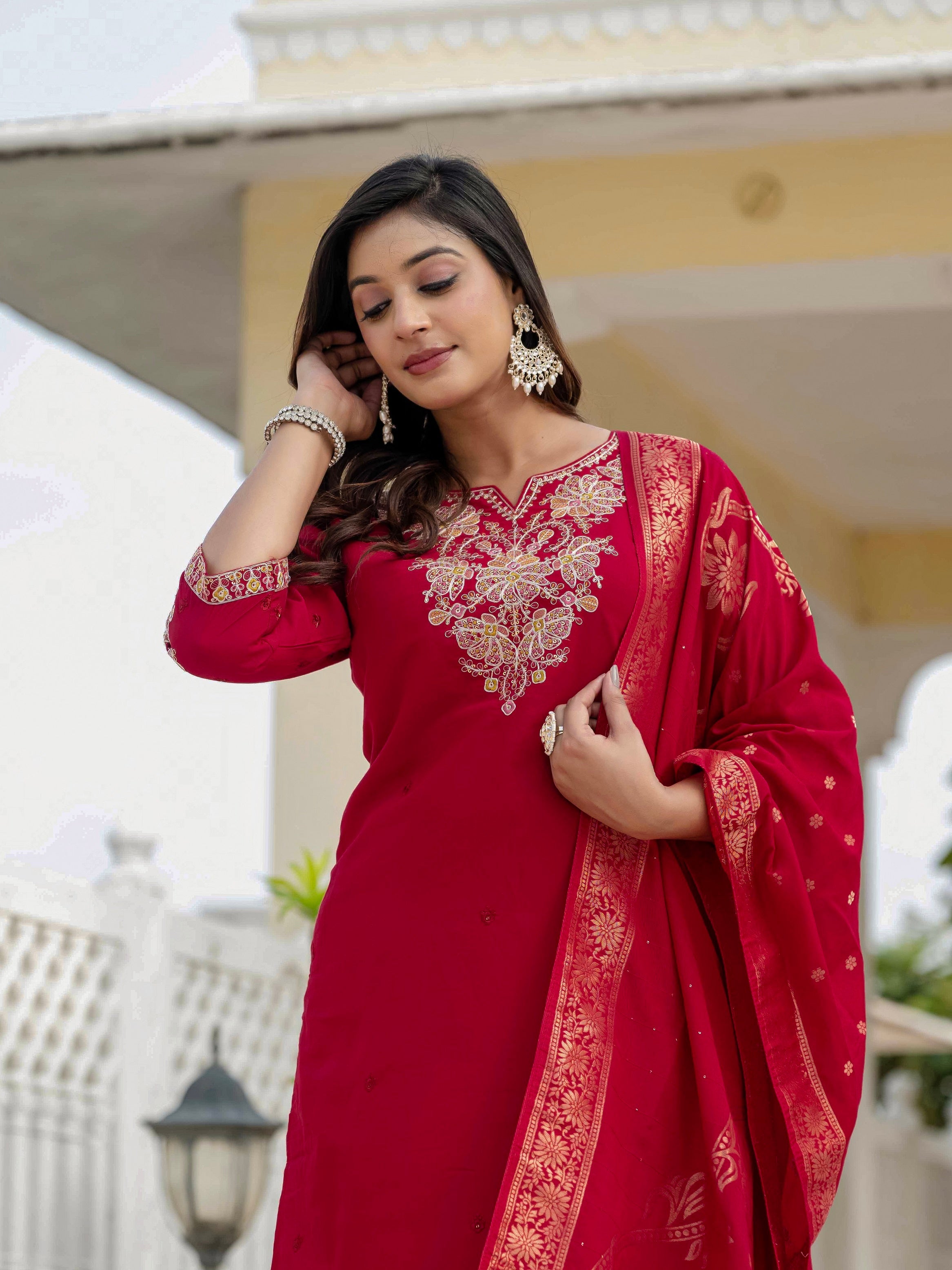 Vedant Vastram Roman Silk Embroidery & Sequence Work Stitched Kurta Pant Dupatta Set-Maroon
