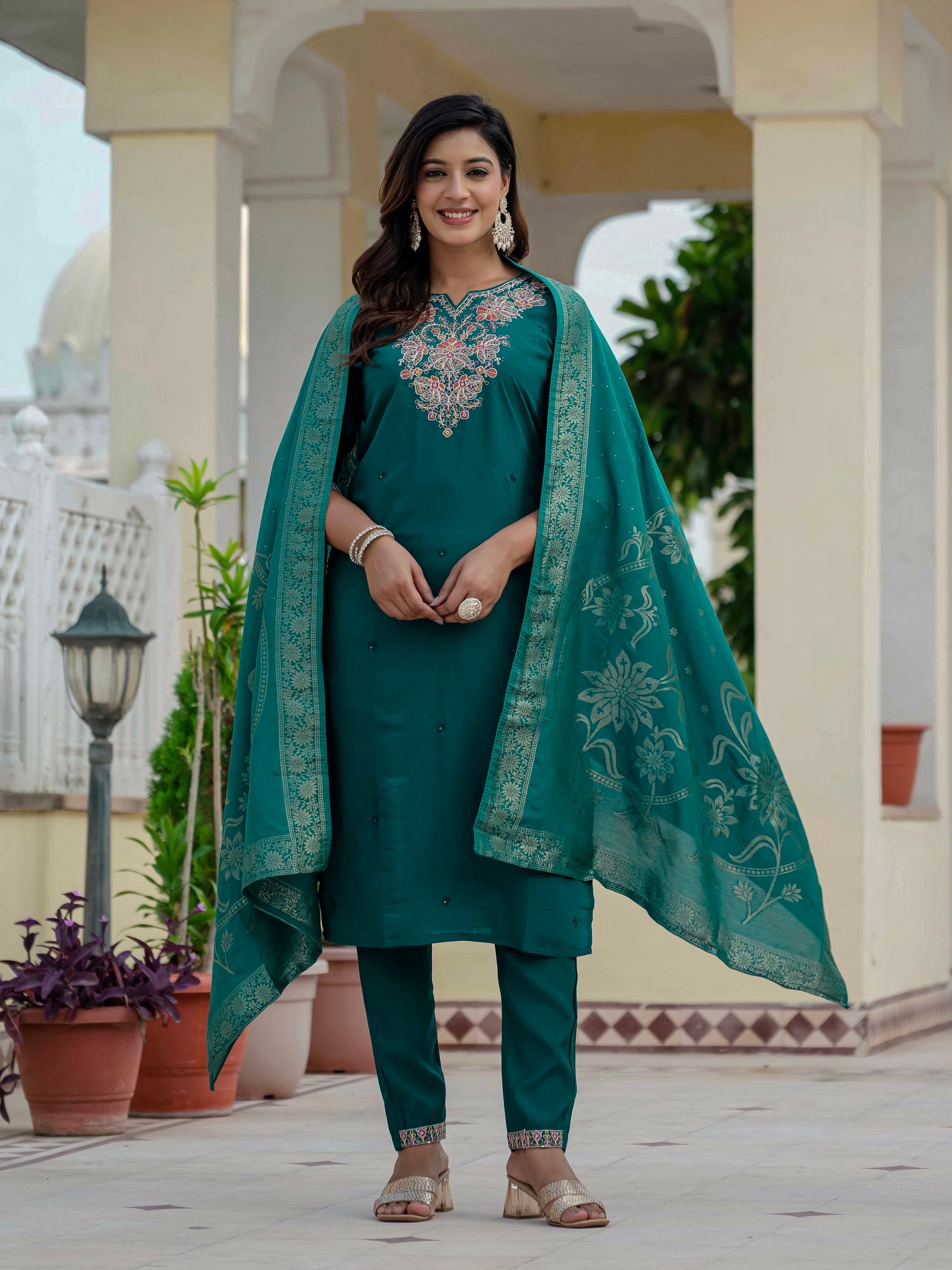 Vedant Vastram Roman Silk Embroidery & Sequence Work Stitched Kurta Pant Dupatta Set-Rama Green