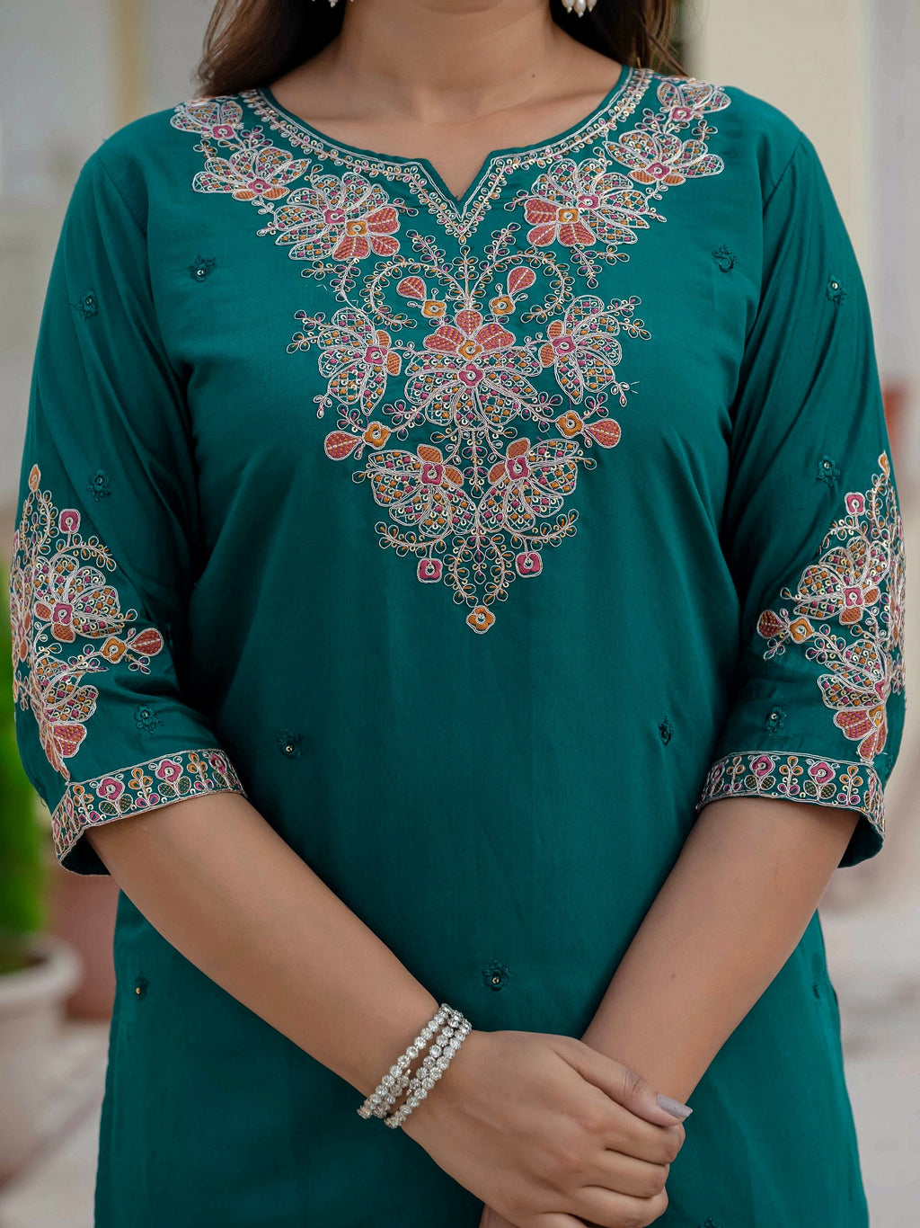 Vedant Vastram Roman Silk Embroidery & Sequence Work Stitched Kurta Pant Dupatta Set-Rama Green