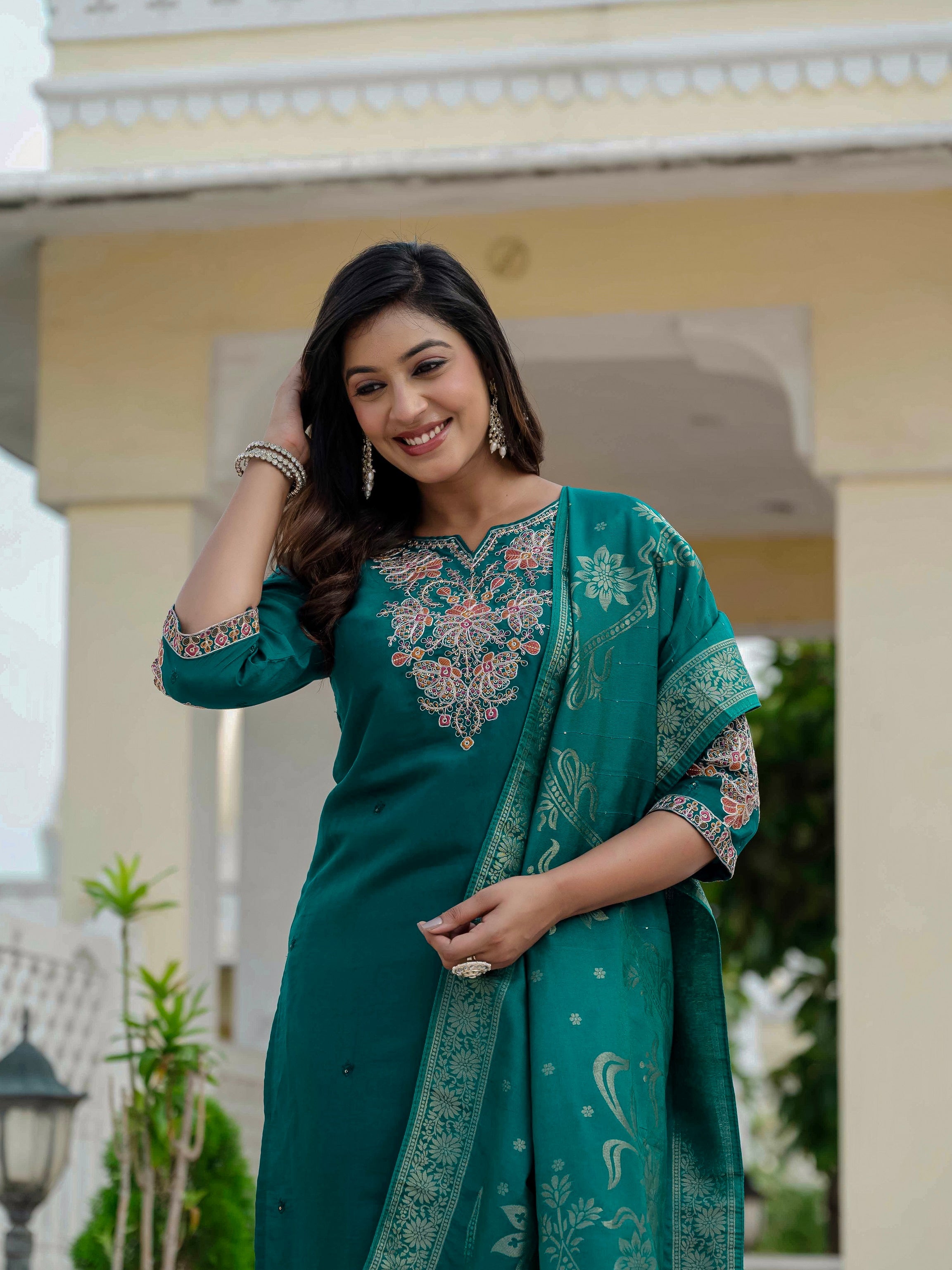 Vedant Vastram Roman Silk Embroidery & Sequence Work Stitched Kurta Pant Dupatta Set-Rama Green