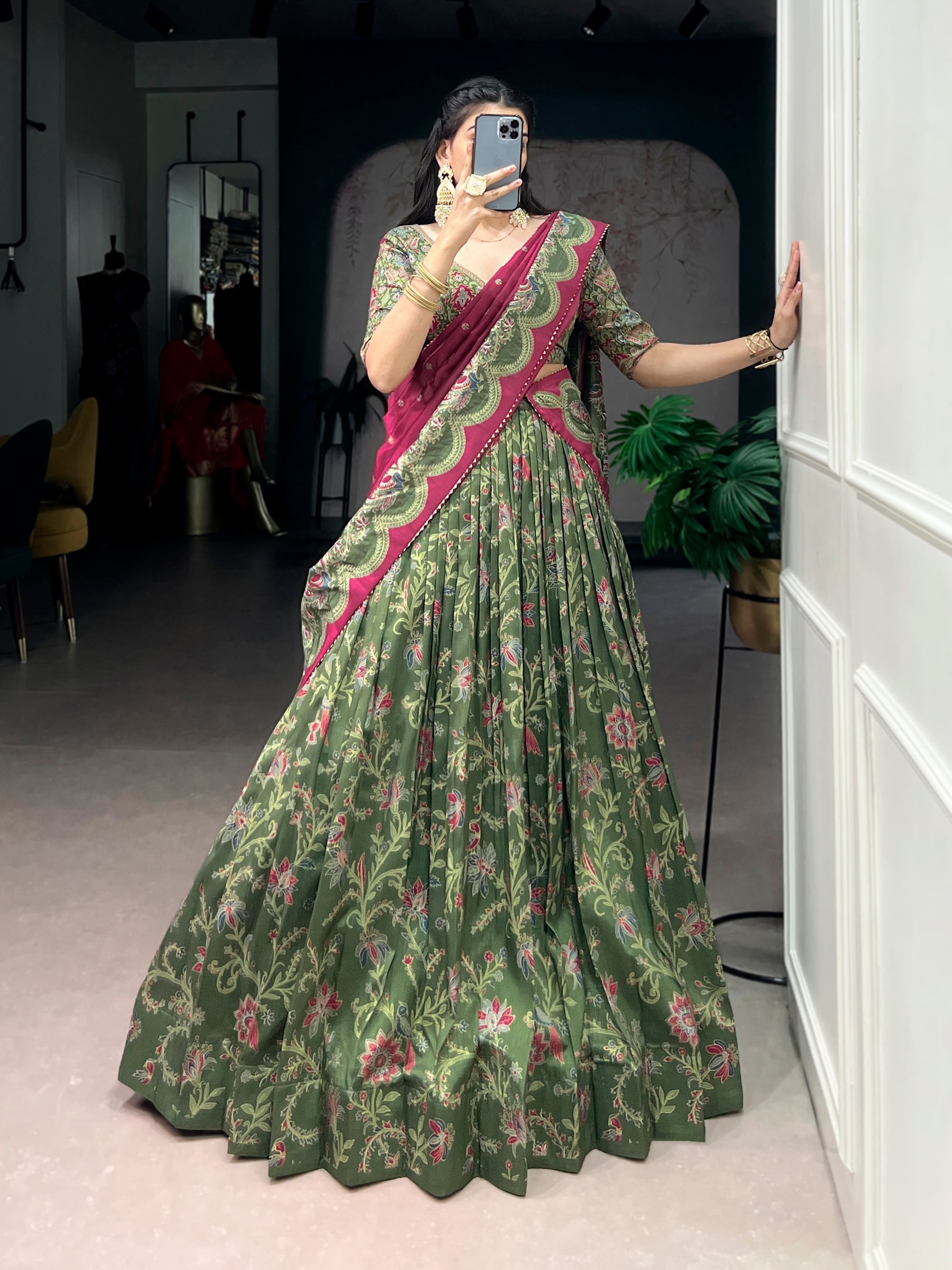 Lorenvalley Fashion Green Tasar Silk Gilded Motif Foil Printed Lehenga Choli with Dupatta