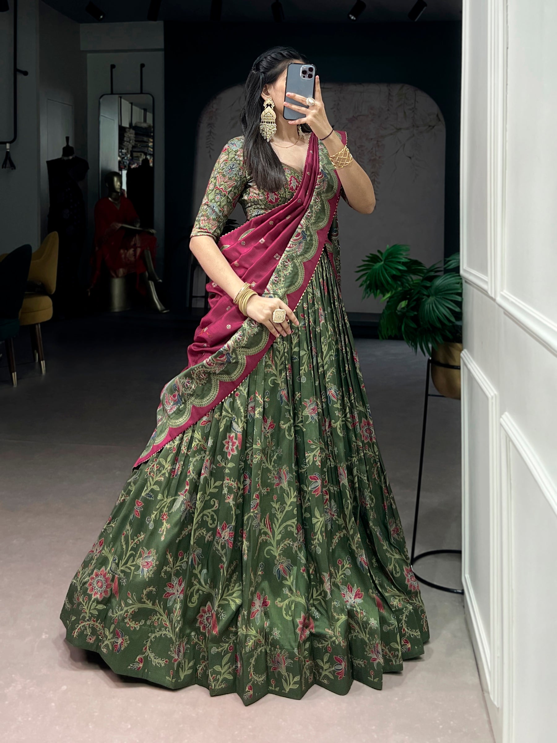 Lorenvalley Fashion Green Tasar Silk Gilded Motif Foil Printed Lehenga Choli with Dupatta