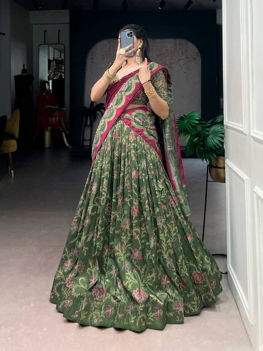Lorenvalley Fashion Green Tasar Silk Gilded Motif Foil Printed Lehenga Choli with Dupatta