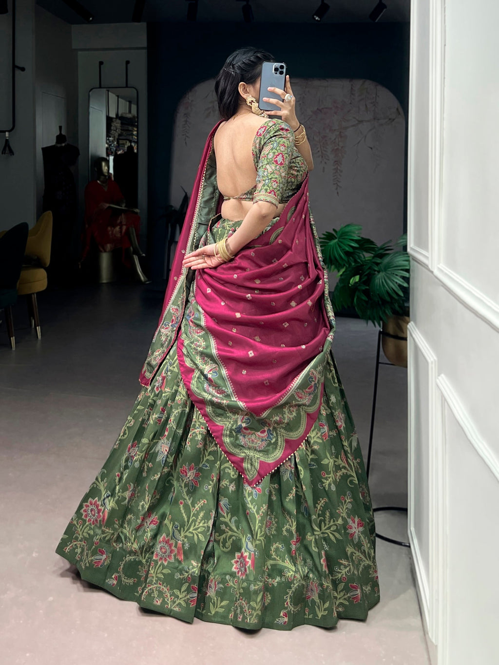 Lorenvalley Fashion Green Tasar Silk Gilded Motif Foil Printed Lehenga Choli with Dupatta