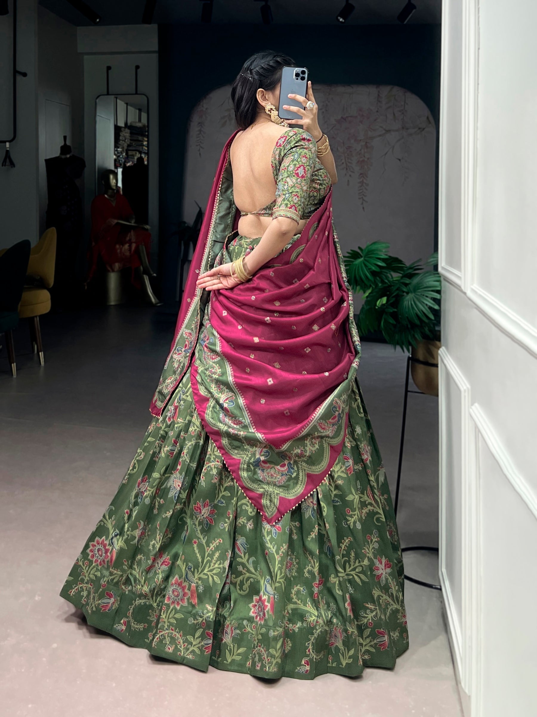 Lorenvalley Fashion Green Tasar Silk Gilded Motif Foil Printed Lehenga Choli with Dupatta