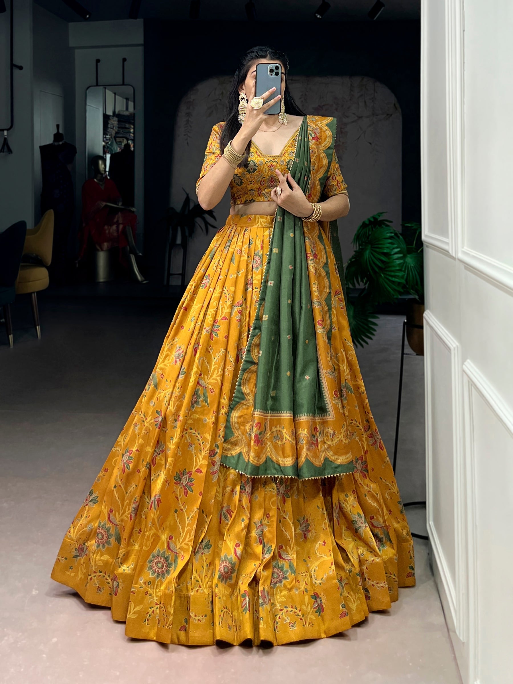 Lorenvalley Fashion Mustard Tasar Silk Gilded Motif Foil Printed Lehenga Choli with Dupatta