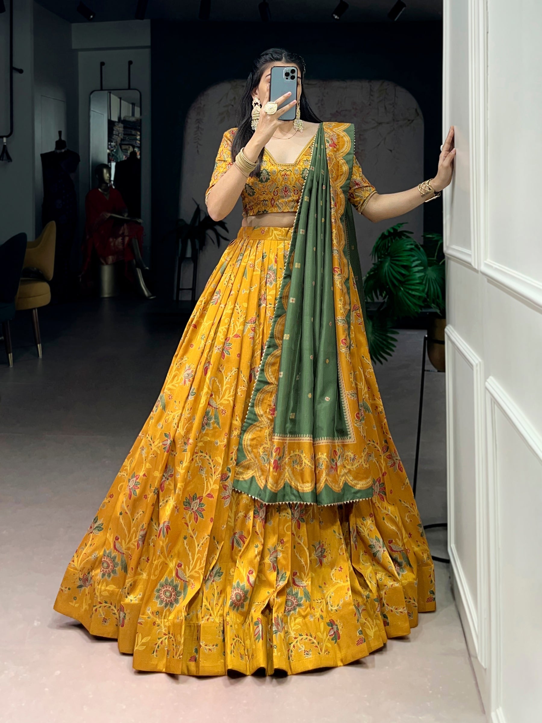 Lorenvalley Fashion Mustard Tasar Silk Gilded Motif Foil Printed Lehenga Choli with Dupatta