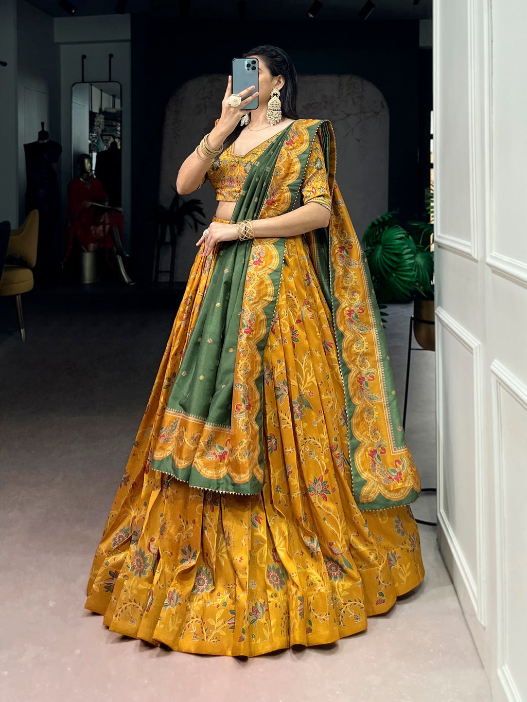 Lorenvalley Fashion Mustard Tasar Silk Gilded Motif Foil Printed Lehenga Choli with Dupatta