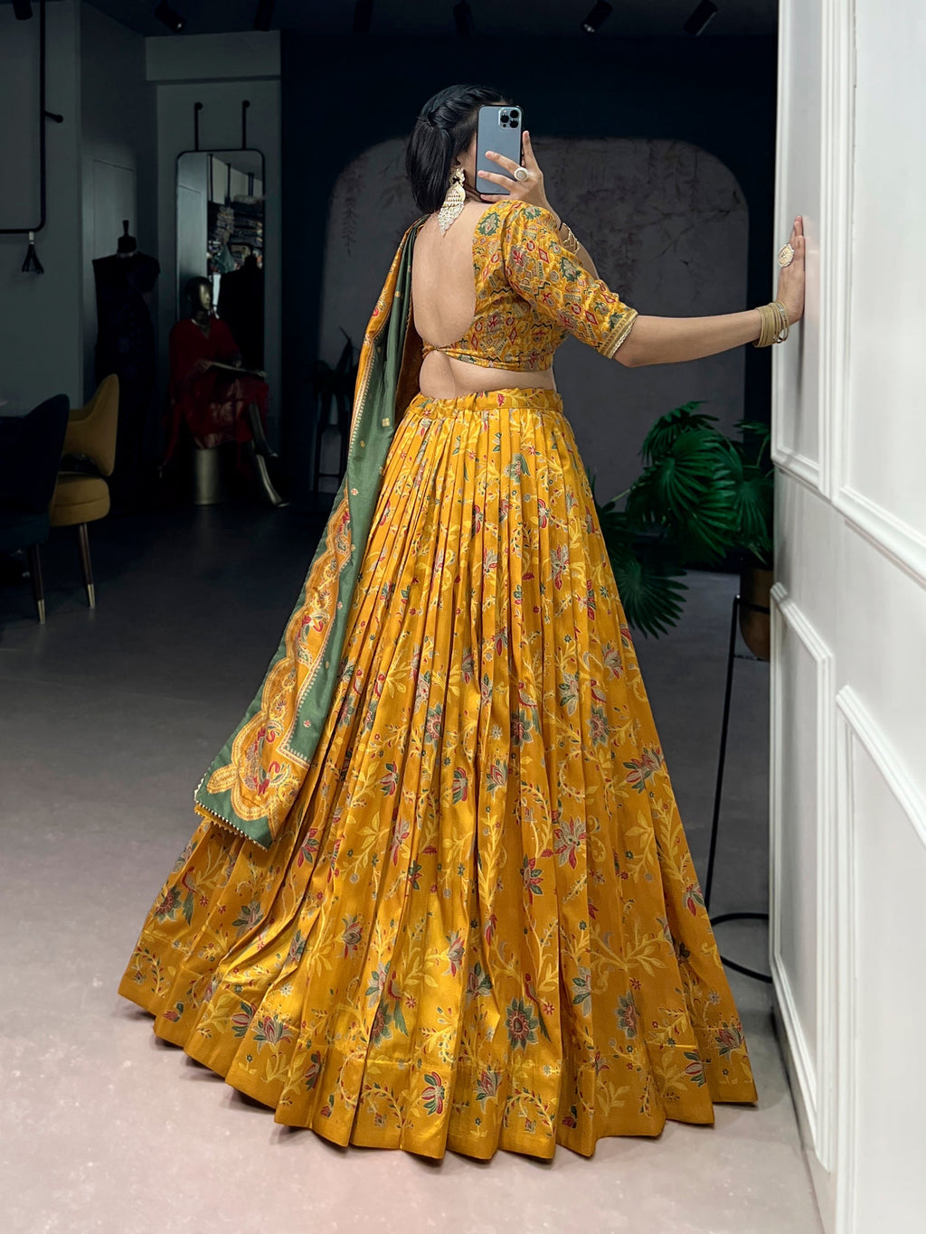 Lorenvalley Fashion Mustard Tasar Silk Gilded Motif Foil Printed Lehenga Choli with Dupatta
