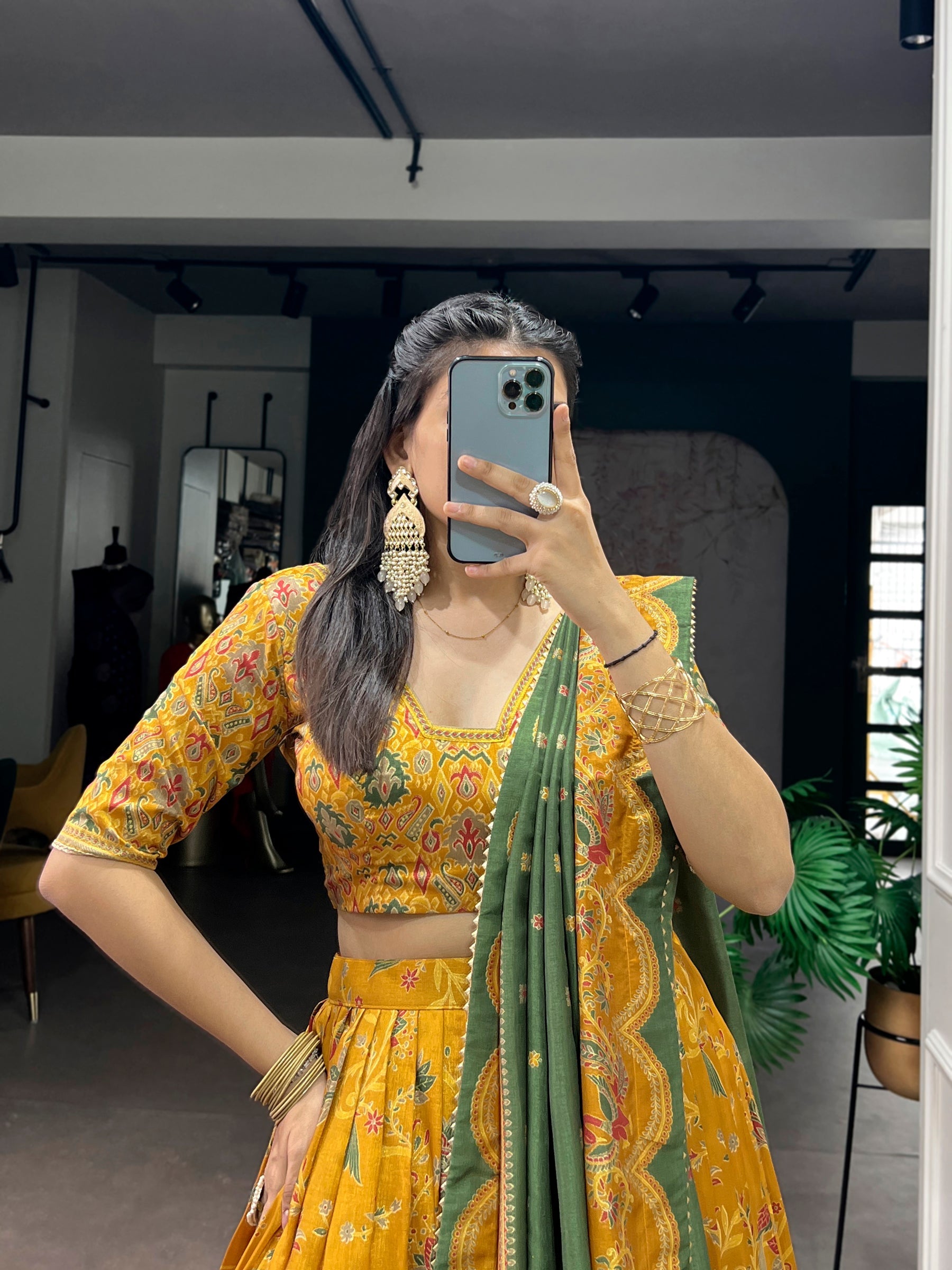 Lorenvalley Fashion Mustard Tasar Silk Gilded Motif Foil Printed Lehenga Choli with Dupatta