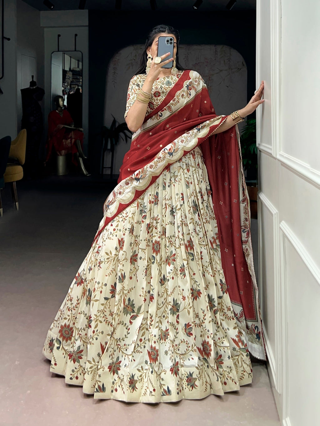 Lorenvalley Fashion Offwhite Tasar Silk Gilded Motif Foil Printed Lehenga Choli with Dupatta