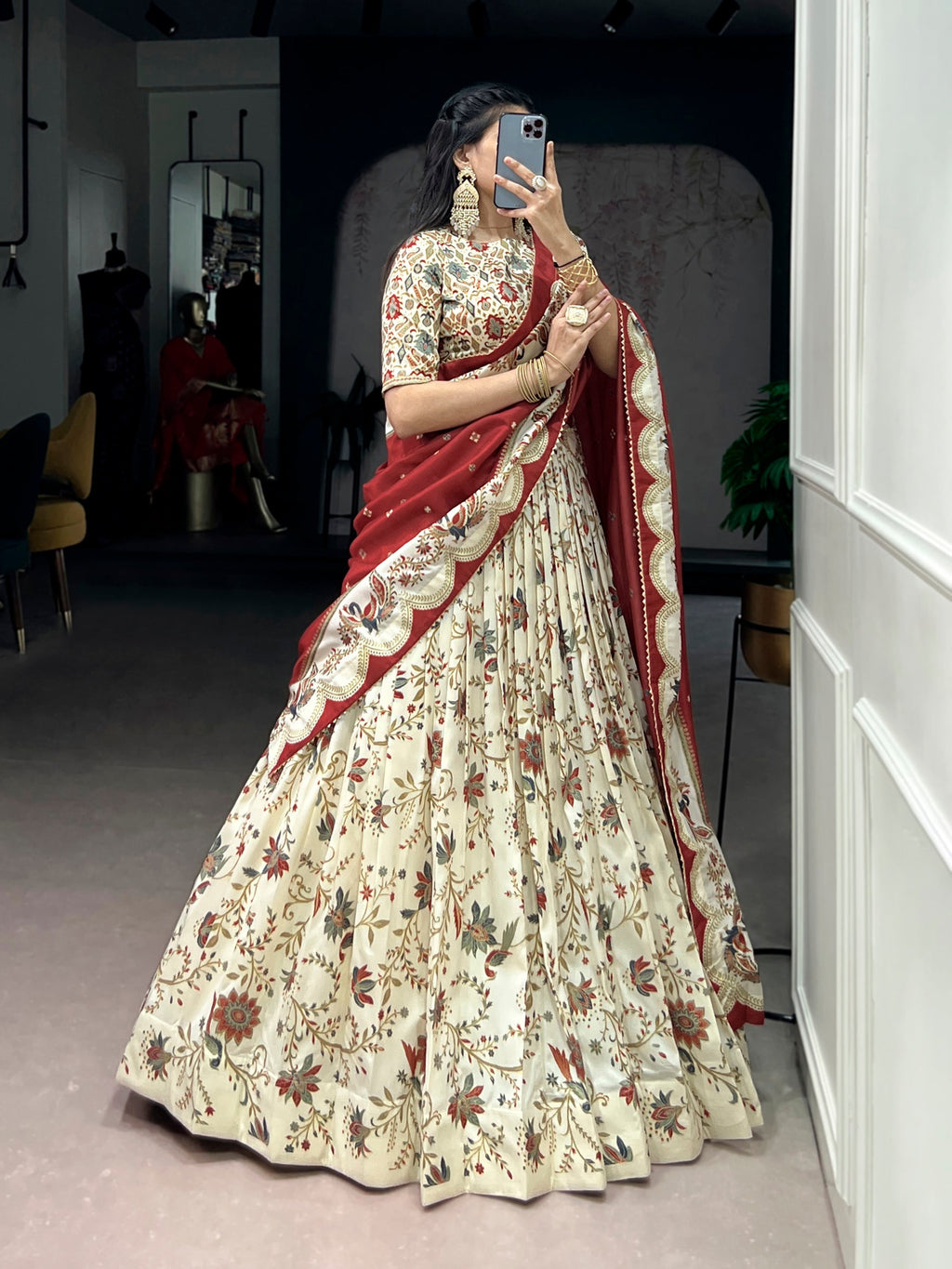 Lorenvalley Fashion Offwhite Tasar Silk Gilded Motif Foil Printed Lehenga Choli with Dupatta