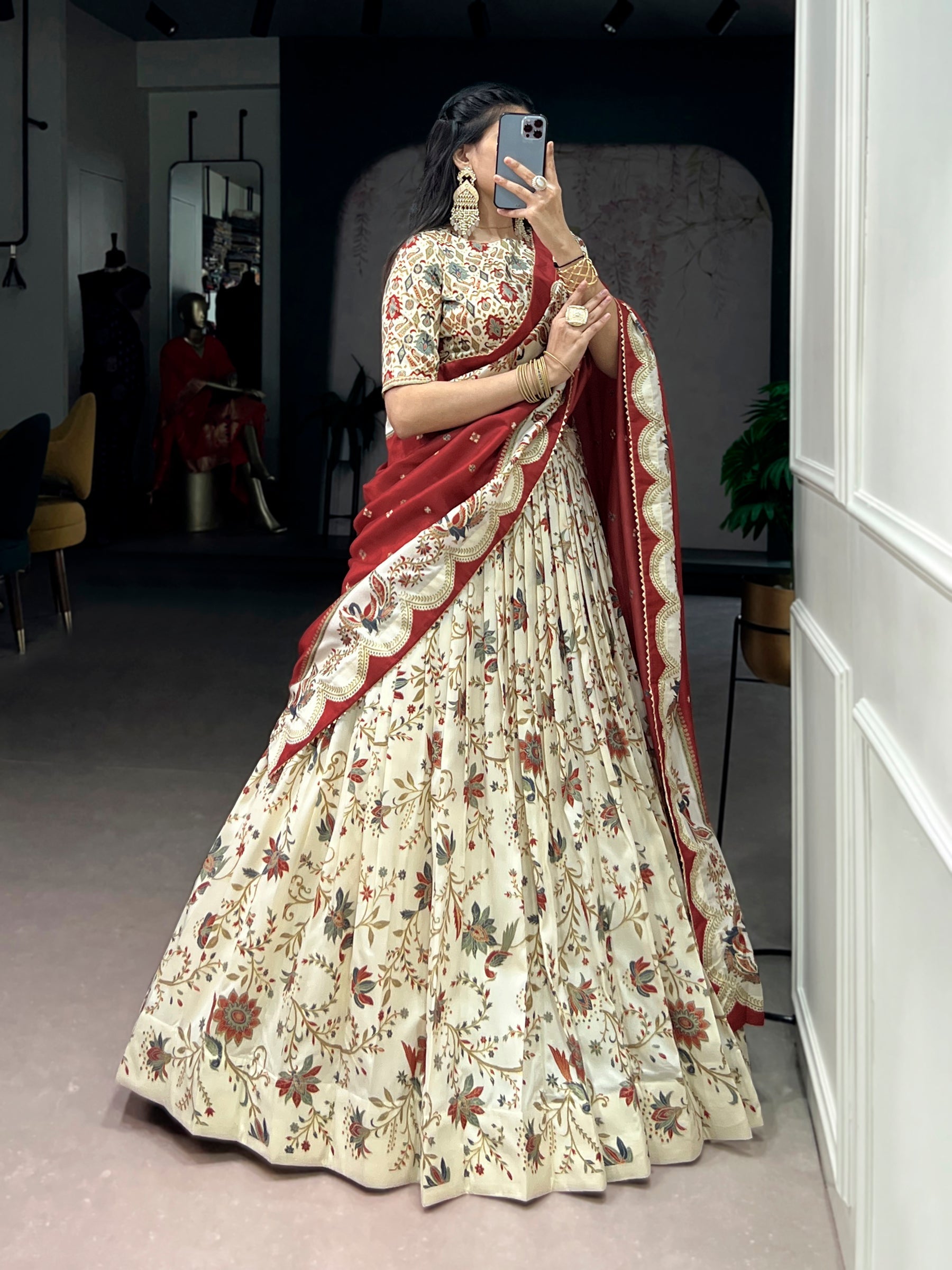Lorenvalley Fashion Offwhite Tasar Silk Gilded Motif Foil Printed Lehenga Choli with Dupatta
