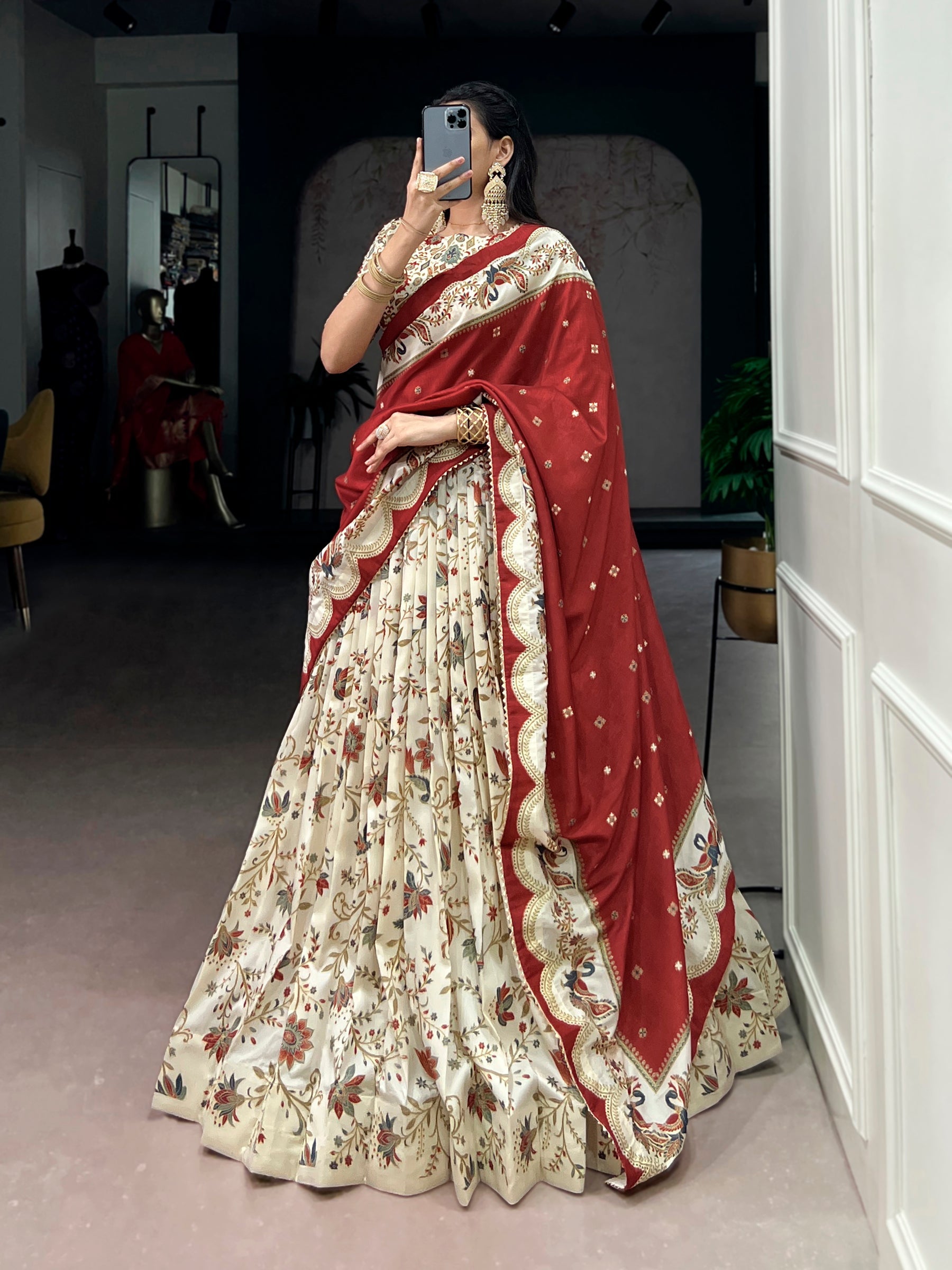 Lorenvalley Fashion Offwhite Tasar Silk Gilded Motif Foil Printed Lehenga Choli with Dupatta