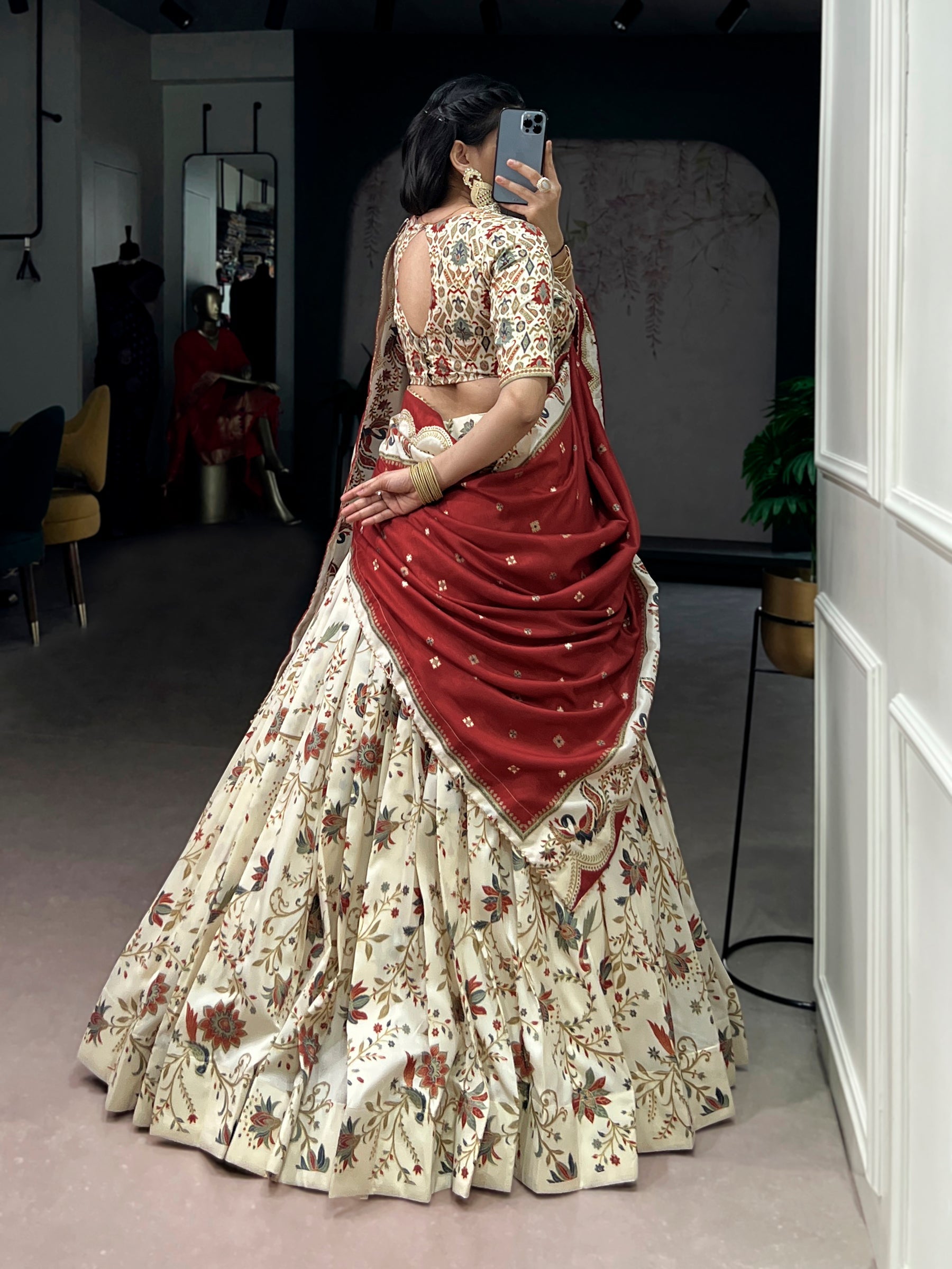 Lorenvalley Fashion Offwhite Tasar Silk Gilded Motif Foil Printed Lehenga Choli with Dupatta
