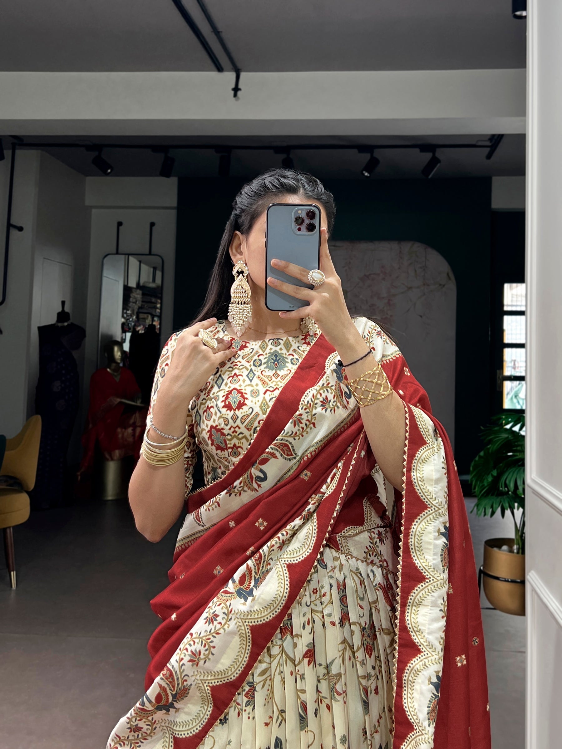 Lorenvalley Fashion Offwhite Tasar Silk Gilded Motif Foil Printed Lehenga Choli with Dupatta