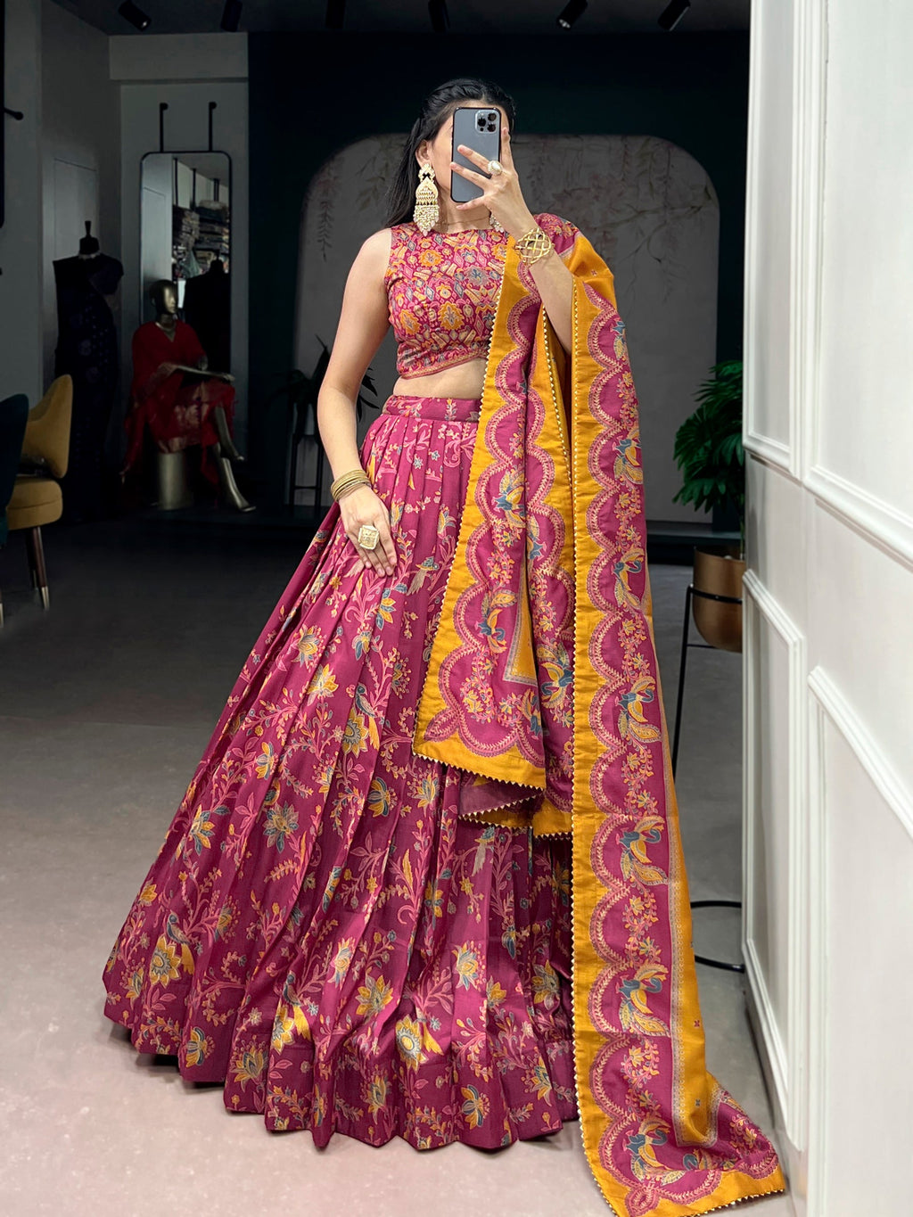 Lorenvalley Fashion Pink Tasar Silk Gilded Motif Foil Printed Lehenga Choli with Dupatta