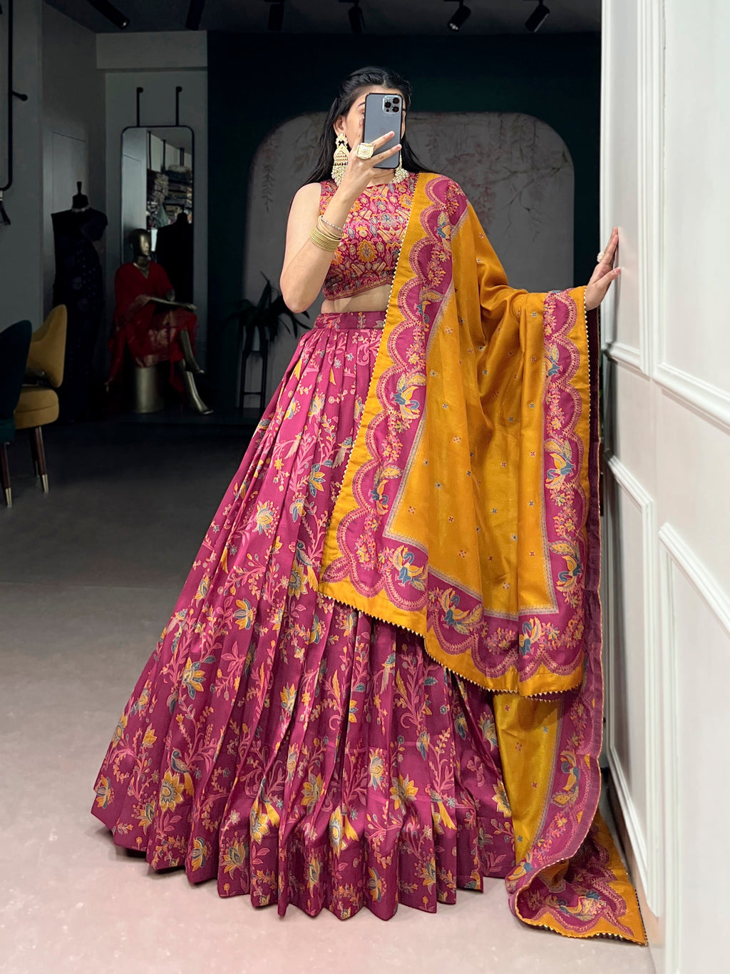 Lorenvalley Fashion Pink Tasar Silk Gilded Motif Foil Printed Lehenga Choli with Dupatta