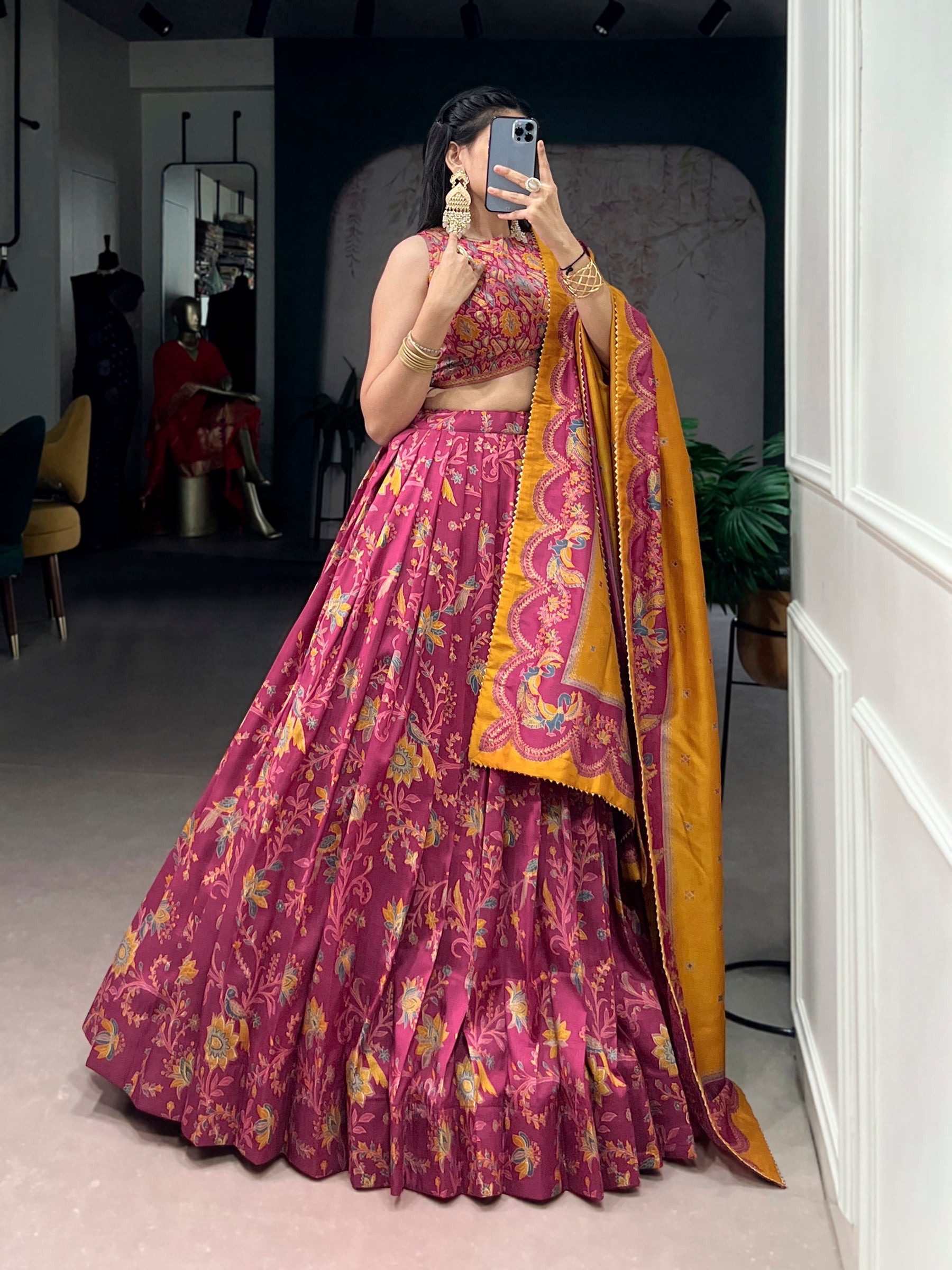 Lorenvalley Fashion Pink Tasar Silk Gilded Motif Foil Printed Lehenga Choli with Dupatta