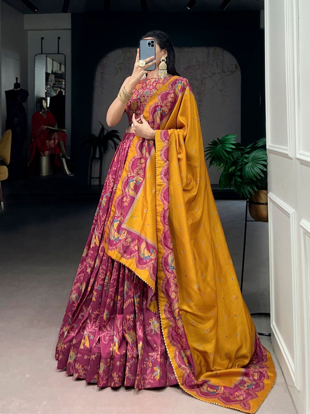 Lorenvalley Fashion Pink Tasar Silk Gilded Motif Foil Printed Lehenga Choli with Dupatta