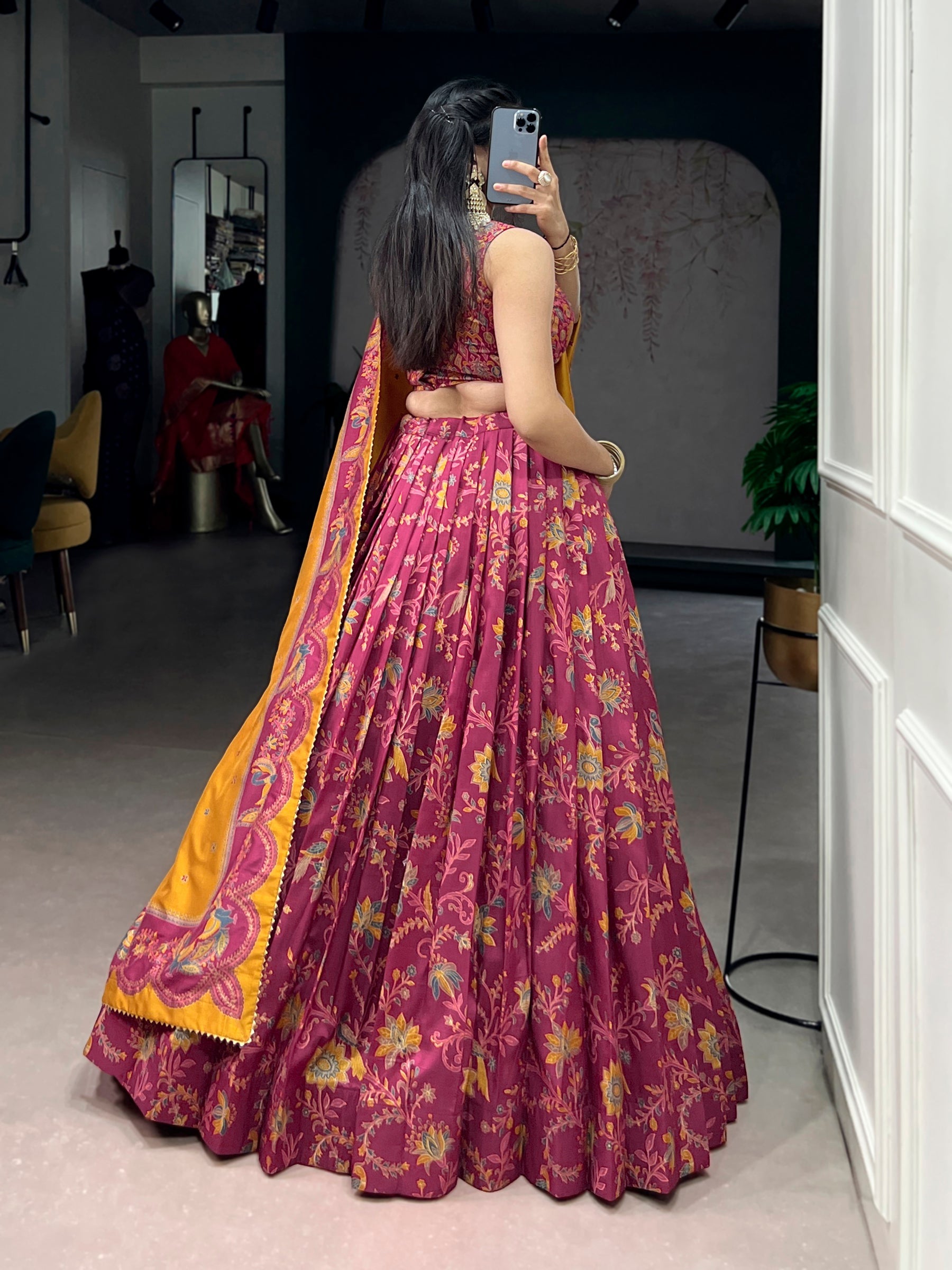 Lorenvalley Fashion Pink Tasar Silk Gilded Motif Foil Printed Lehenga Choli with Dupatta