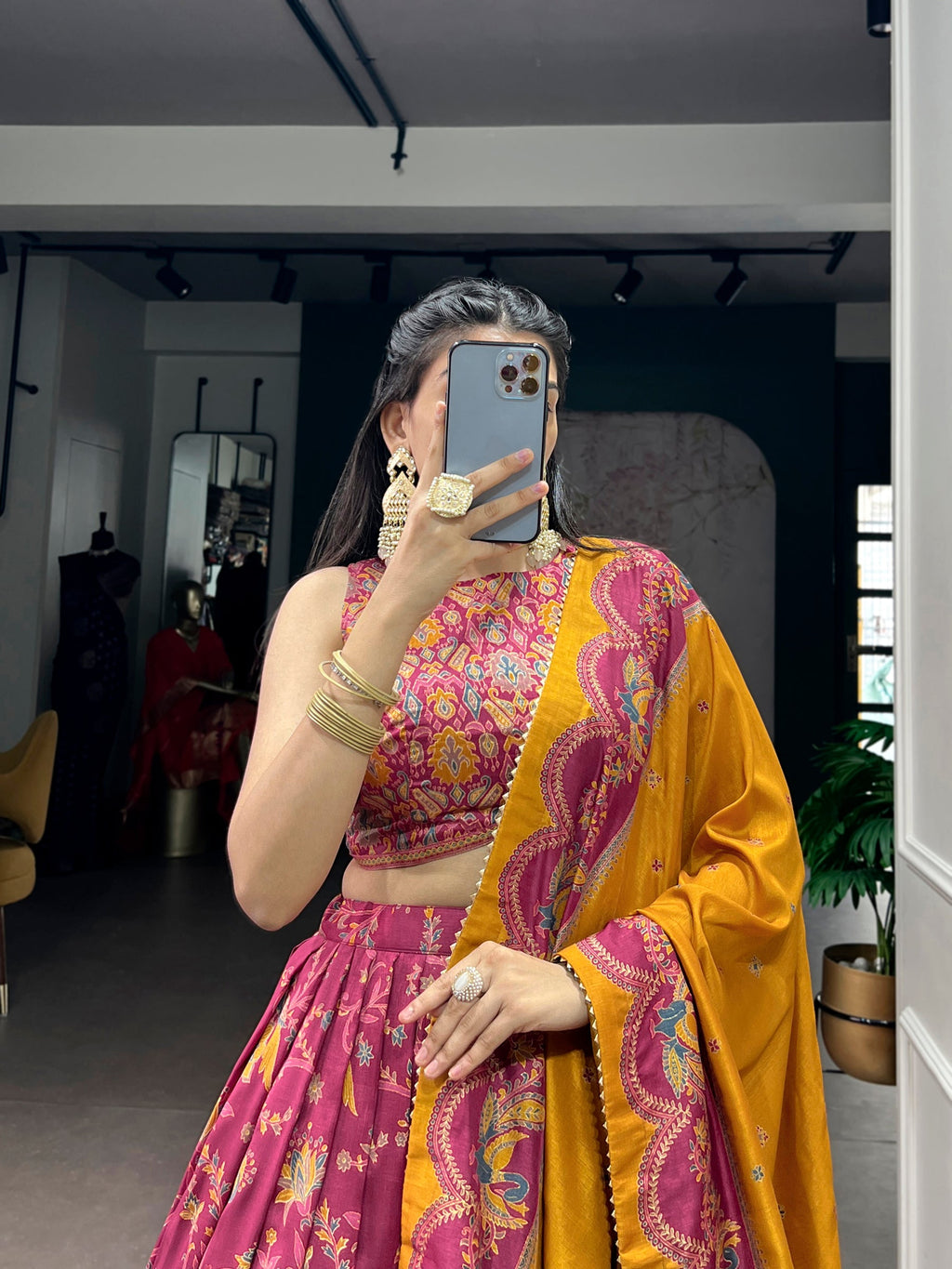 Lorenvalley Fashion Pink Tasar Silk Gilded Motif Foil Printed Lehenga Choli with Dupatta
