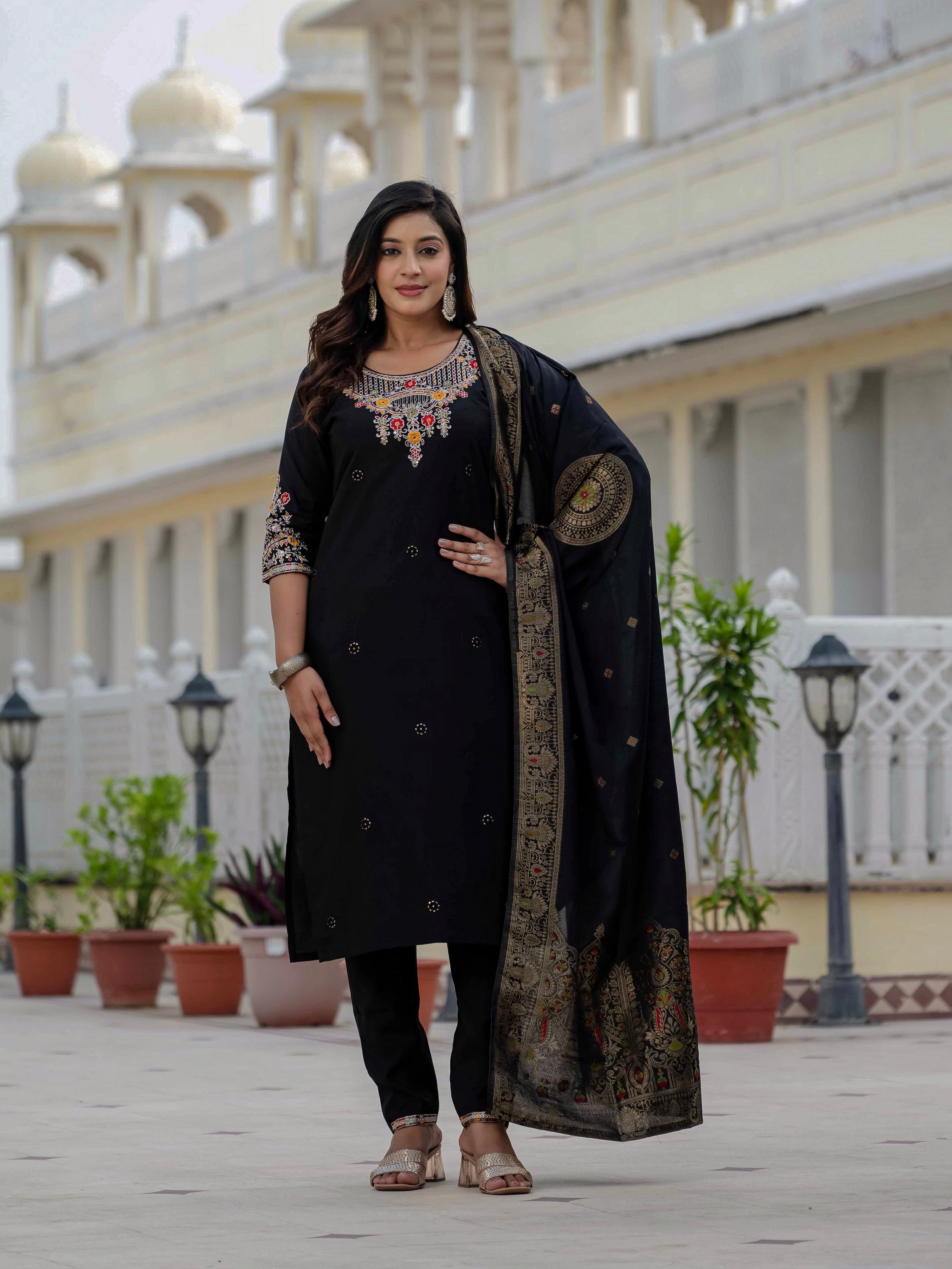 Vedant Vastram Roman Silk Embroidery & Sequence Work Stitched Kurta Pant Dupatta Set-Black