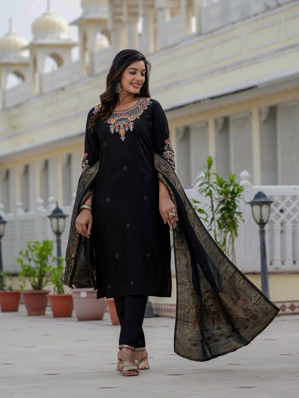 Vedant Vastram Roman Silk Embroidery & Sequence Work Stitched Kurta Pant Dupatta Set-Black