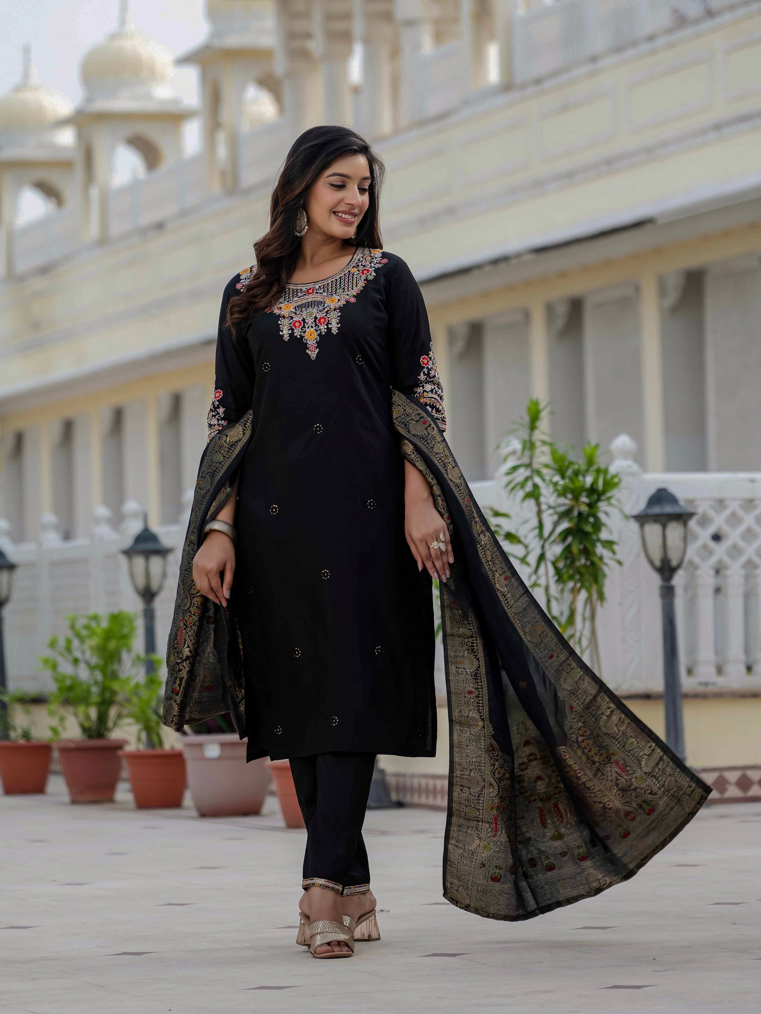 Vedant Vastram Roman Silk Embroidery & Sequence Work Stitched Kurta Pant Dupatta Set-Black