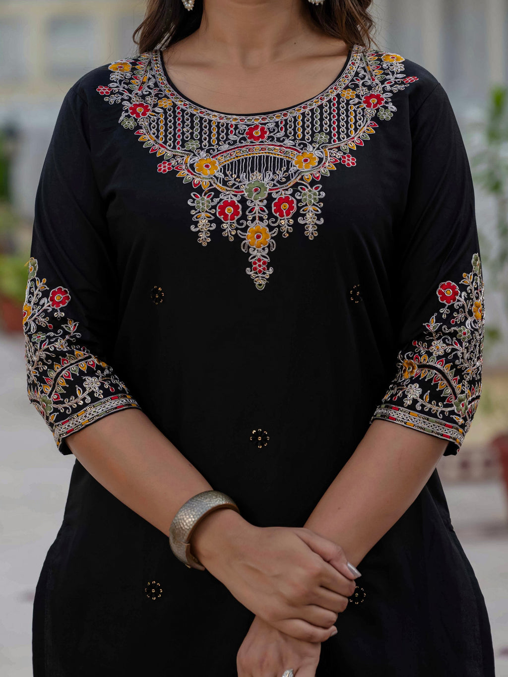 Vedant Vastram Roman Silk Embroidery & Sequence Work Stitched Kurta Pant Dupatta Set-Black