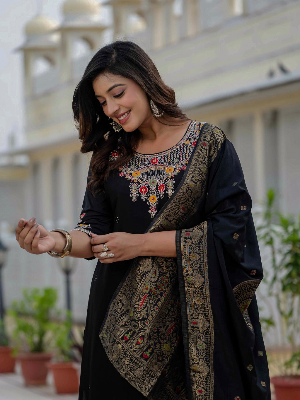 Vedant Vastram Roman Silk Embroidery & Sequence Work Stitched Kurta Pant Dupatta Set-Black