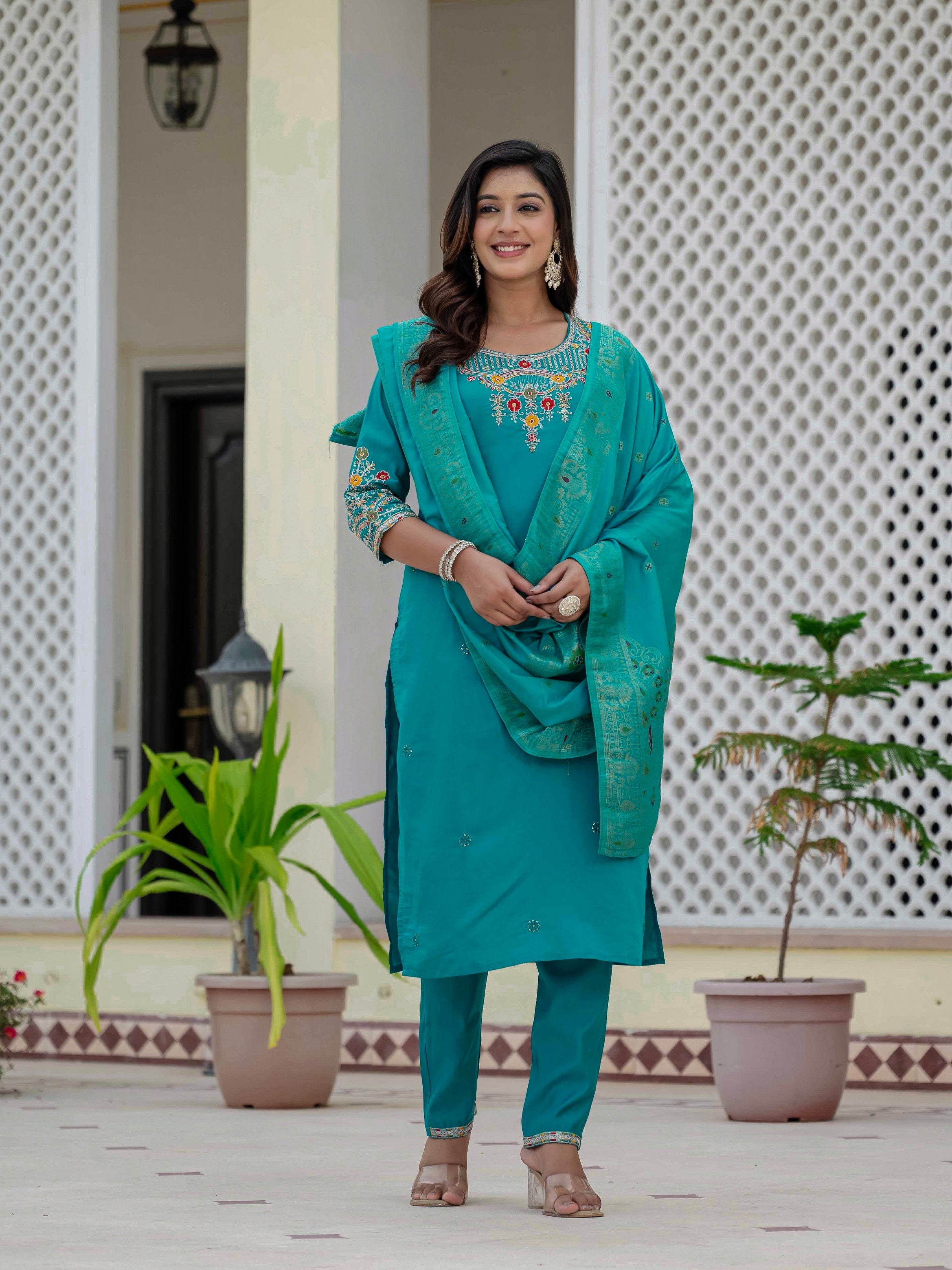 Vedant Vastram Roman Silk Embroidery & Sequence Work Stitched Kurta Pant Dupatta Set-Firozi