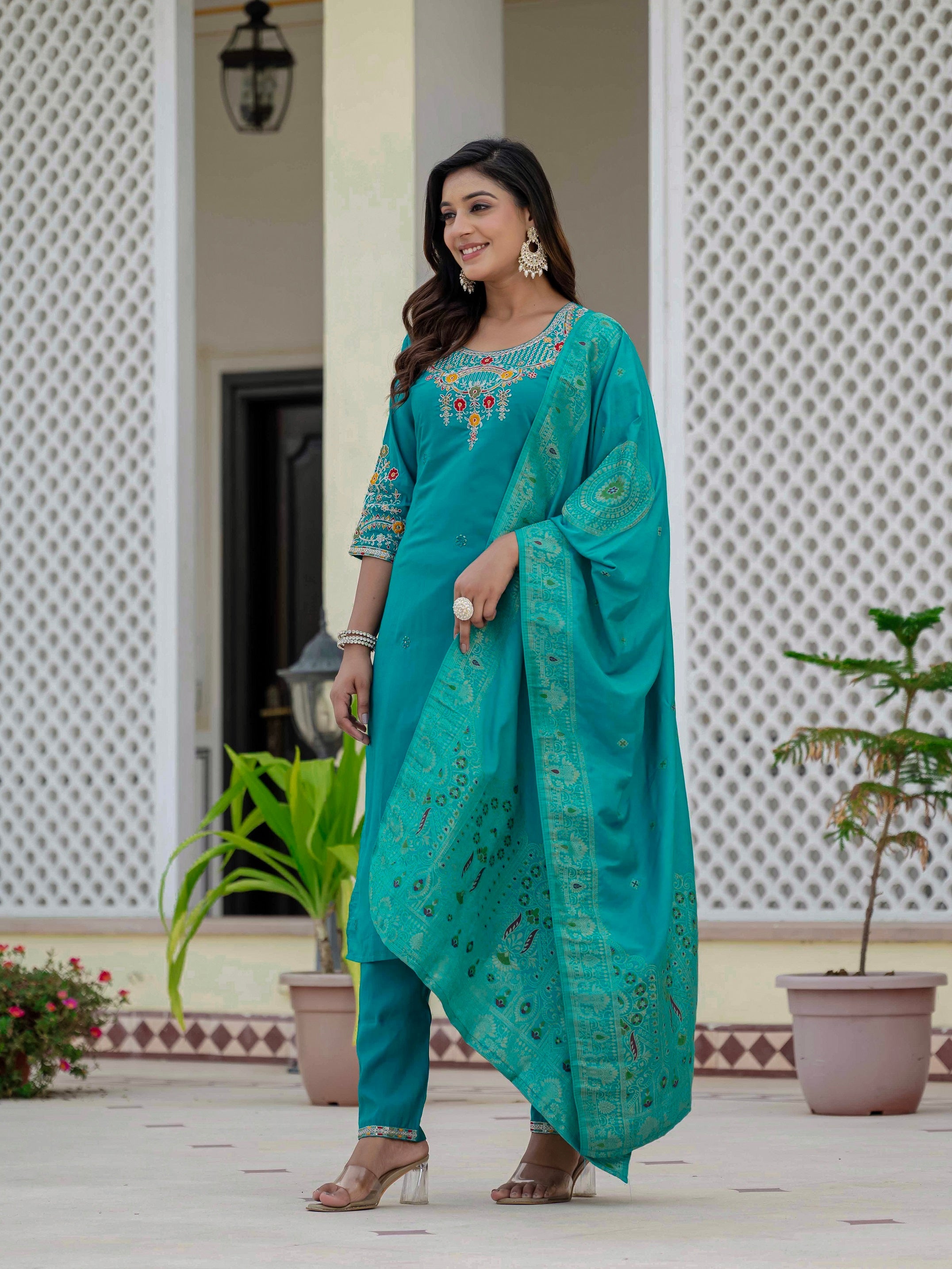 Vedant Vastram Roman Silk Embroidery & Sequence Work Stitched Kurta Pant Dupatta Set-Firozi
