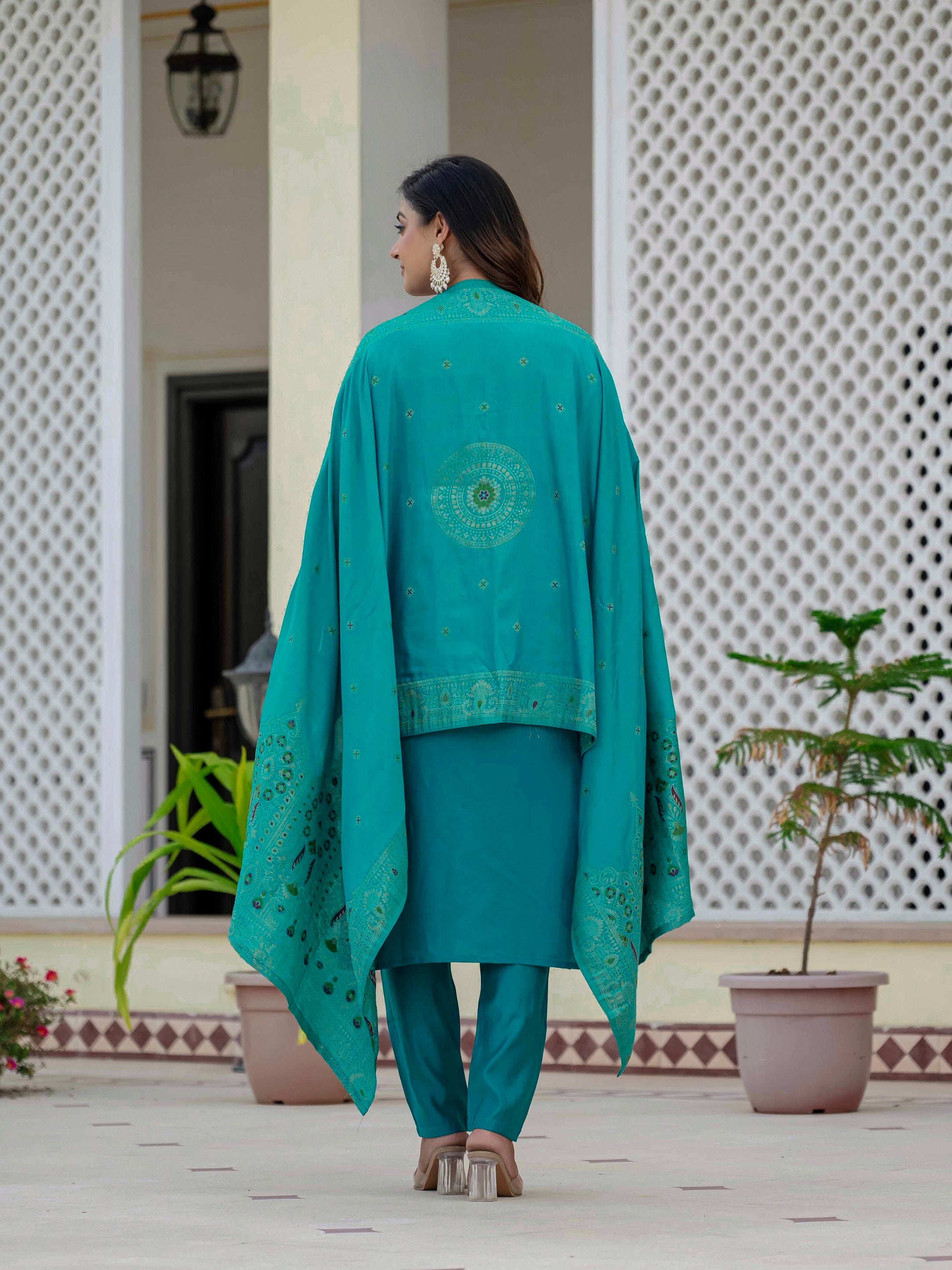 Vedant Vastram Roman Silk Embroidery & Sequence Work Stitched Kurta Pant Dupatta Set-Firozi