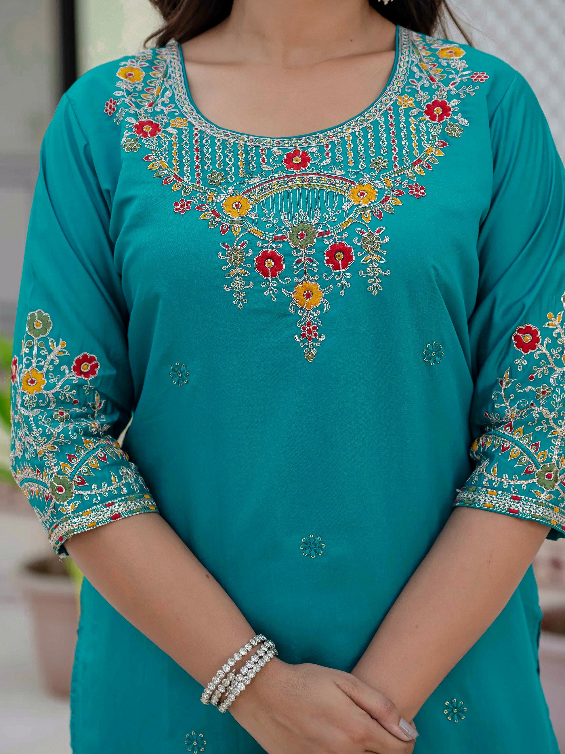 Vedant Vastram Roman Silk Embroidery & Sequence Work Stitched Kurta Pant Dupatta Set-Firozi
