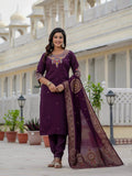 Vedant Vastram Roman Silk Embroidery & Sequence Work Stitched Kurta Pant Dupatta Set-Wine
