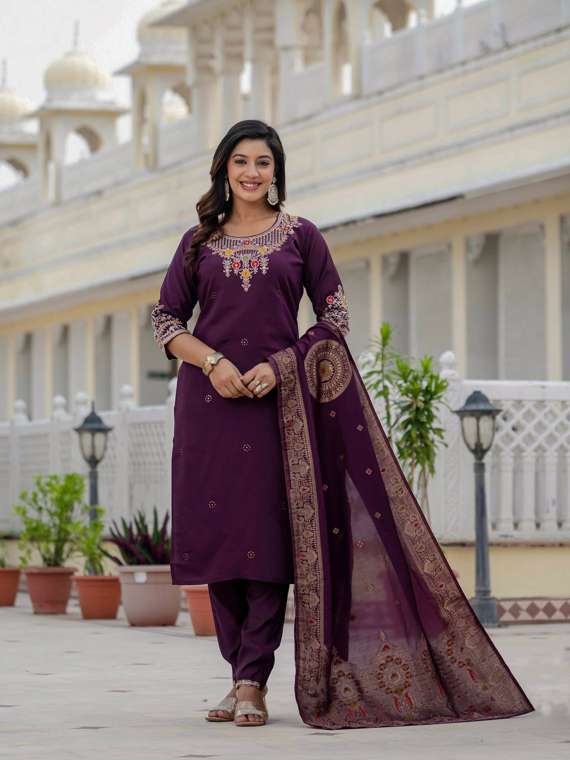 Vedant Vastram Roman Silk Embroidery & Sequence Work Stitched Kurta Pant Dupatta Set-Wine