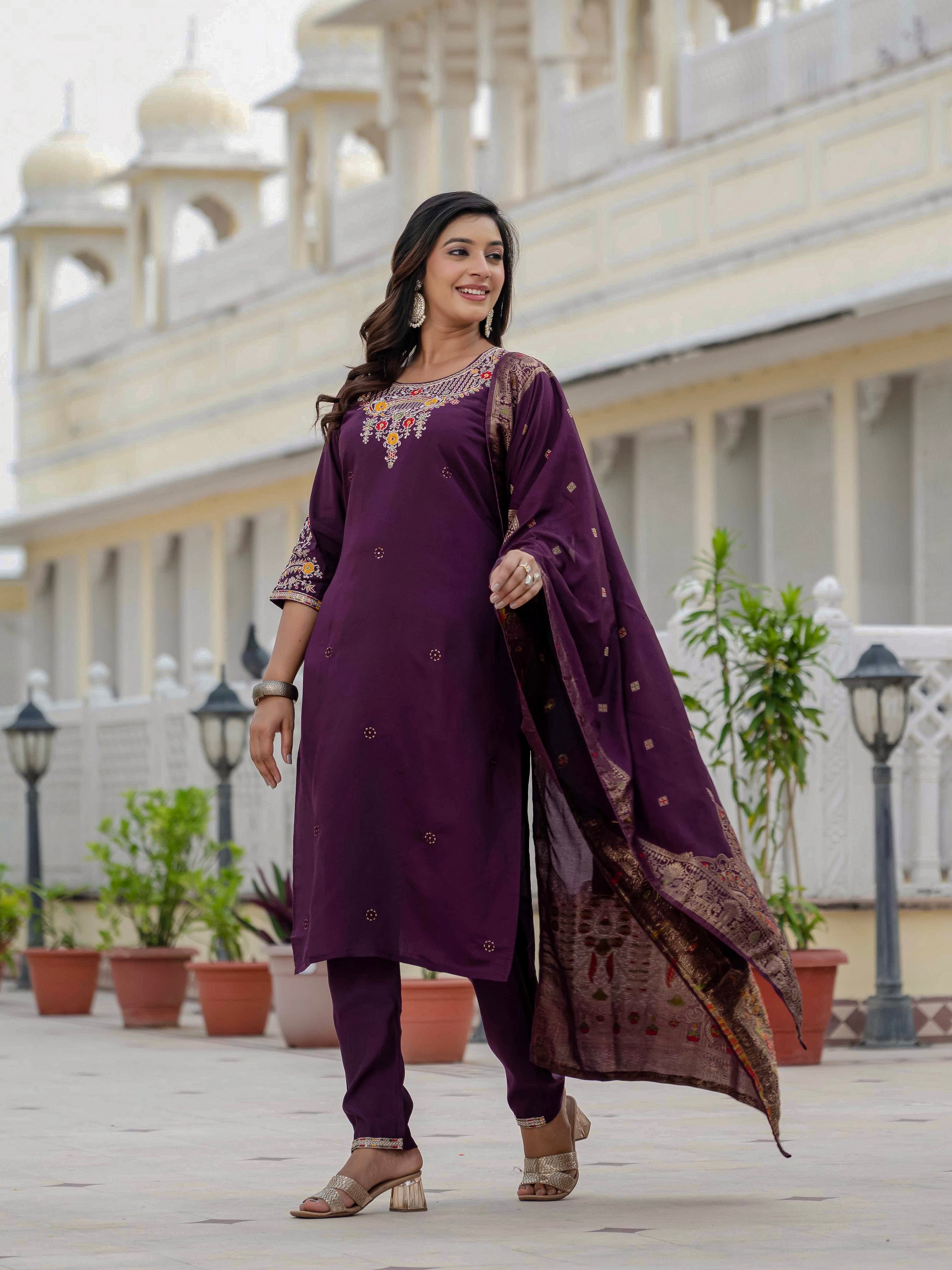 Vedant Vastram Roman Silk Embroidery & Sequence Work Stitched Kurta Pant Dupatta Set-Wine